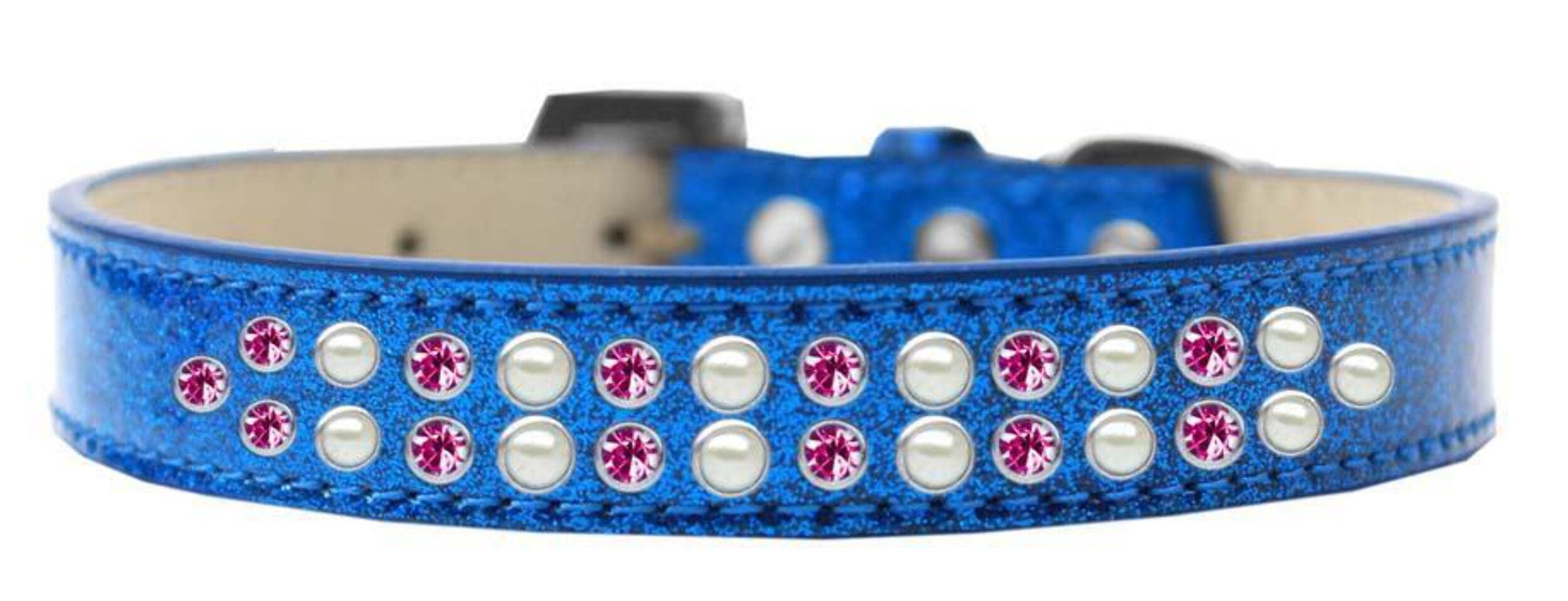 Mirage Pet Products Two Row Pearl and Pink Crystal Ice Cream Dog Collar, Size 16, Blue
