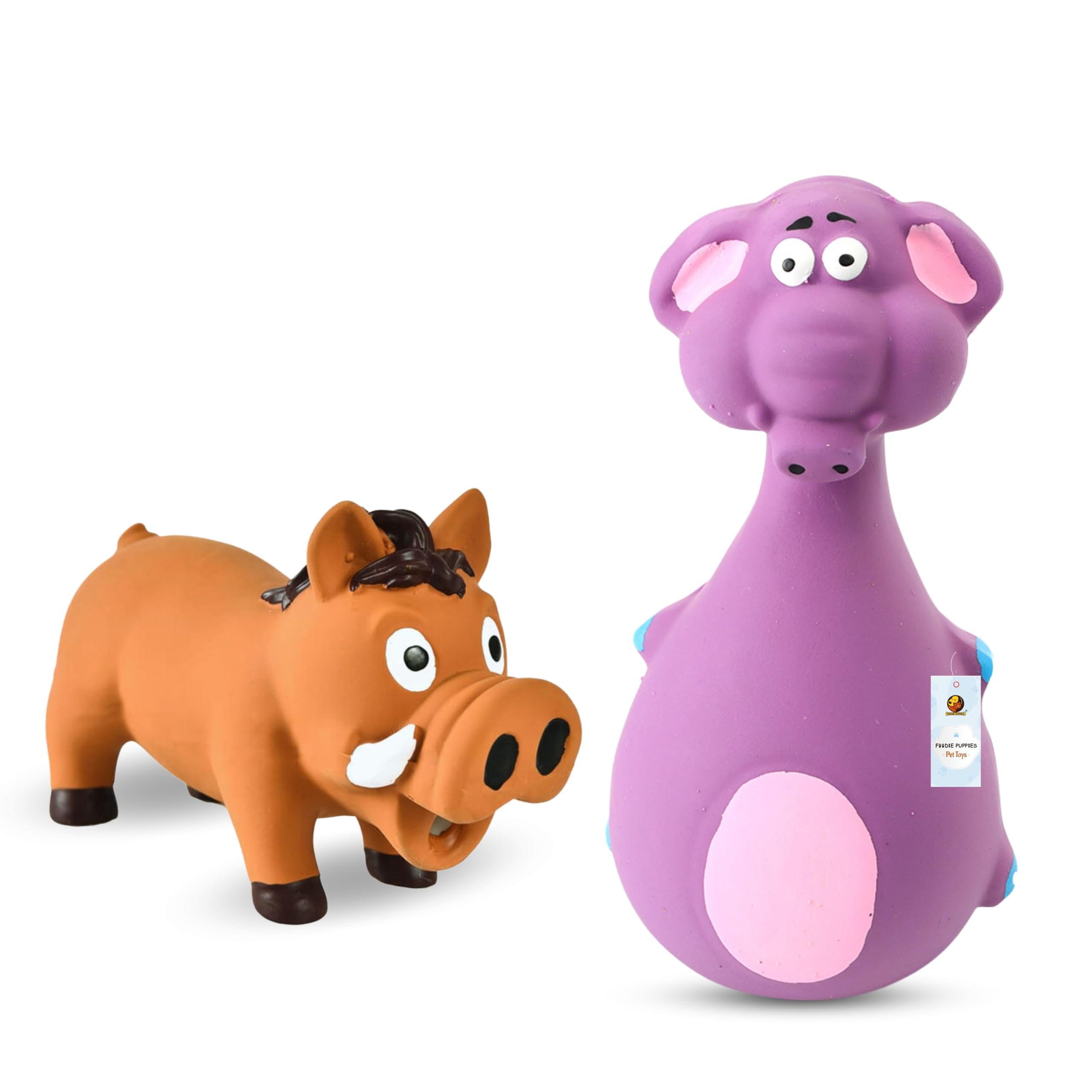Foodie Puppies 2In1 Combo Of Latex Dog Squeaky Toy (Brown Warthog And Purple Elephant) | Durable Interactive Toy For Teething,