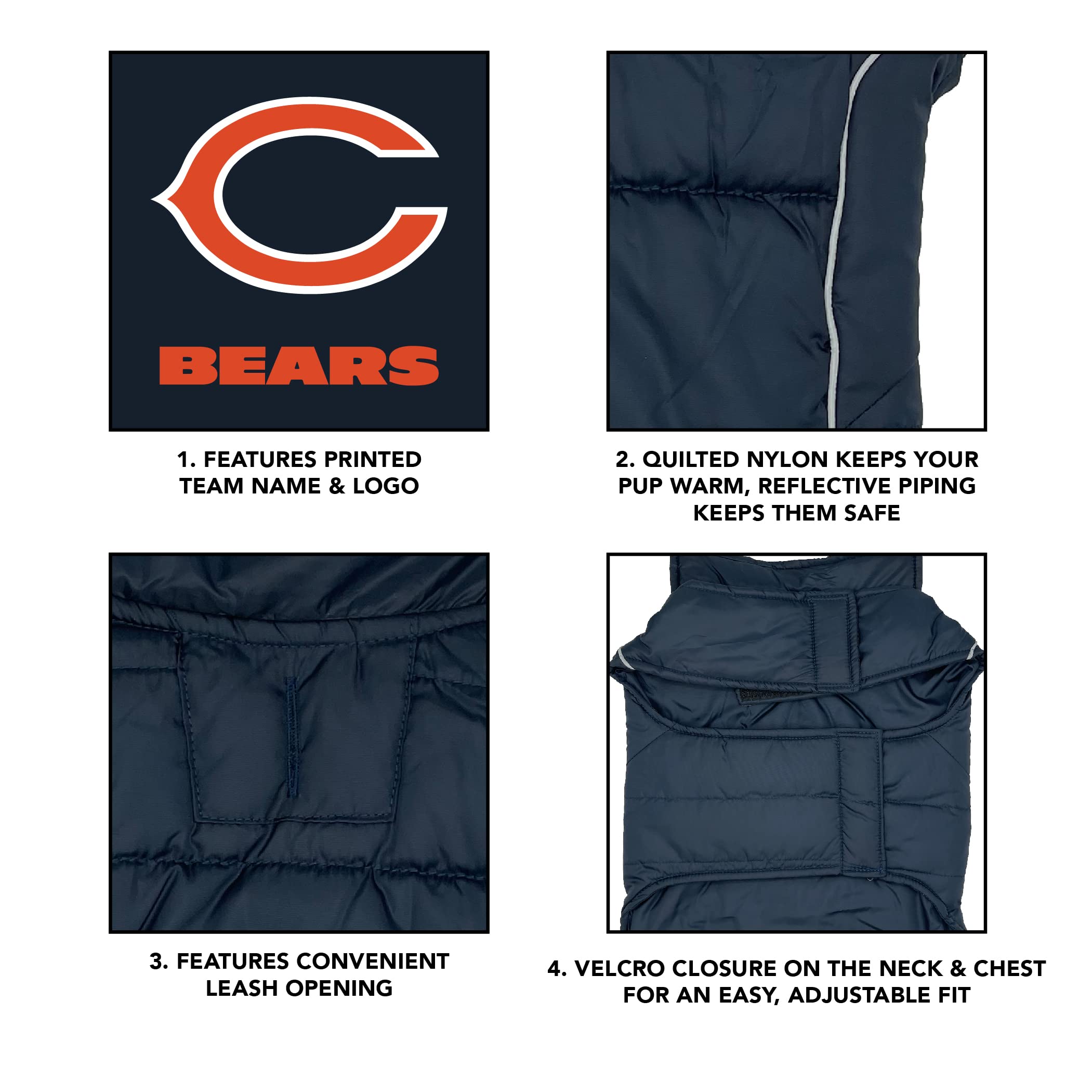 Pets First NFL Chicago Bears Puffer Vest for Dogs & Cats, Small, Waterproof, Cozy Dog Coat, Model CHI-4081-SM