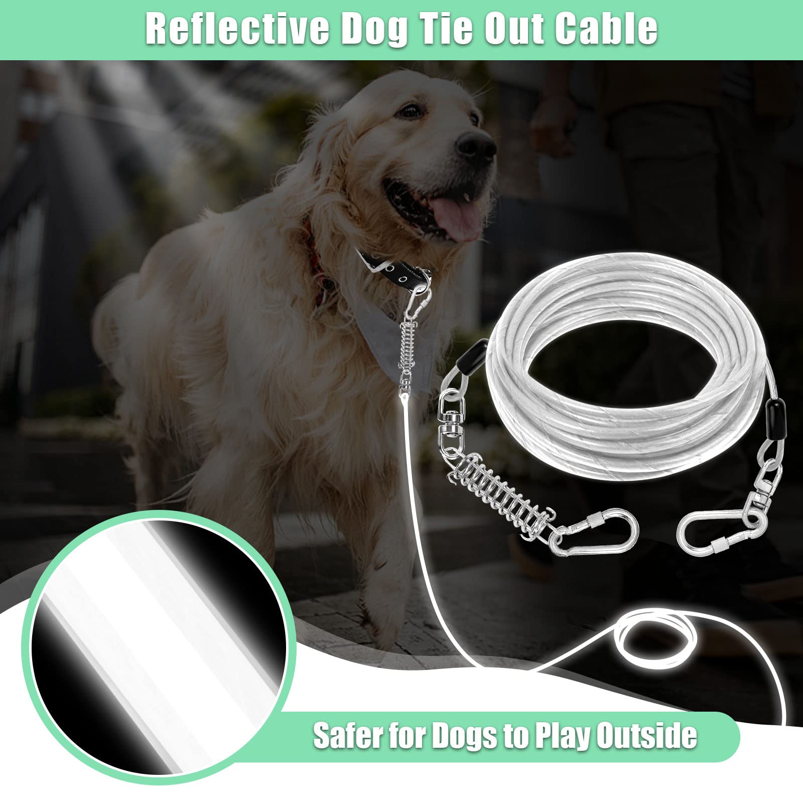 Dog Tie Out Cable: Reflective 15 Ft Heavy Duty Dogs Chain For Outside With Shock Absorbing Spring - Dog Runner Leash For Yard Ca