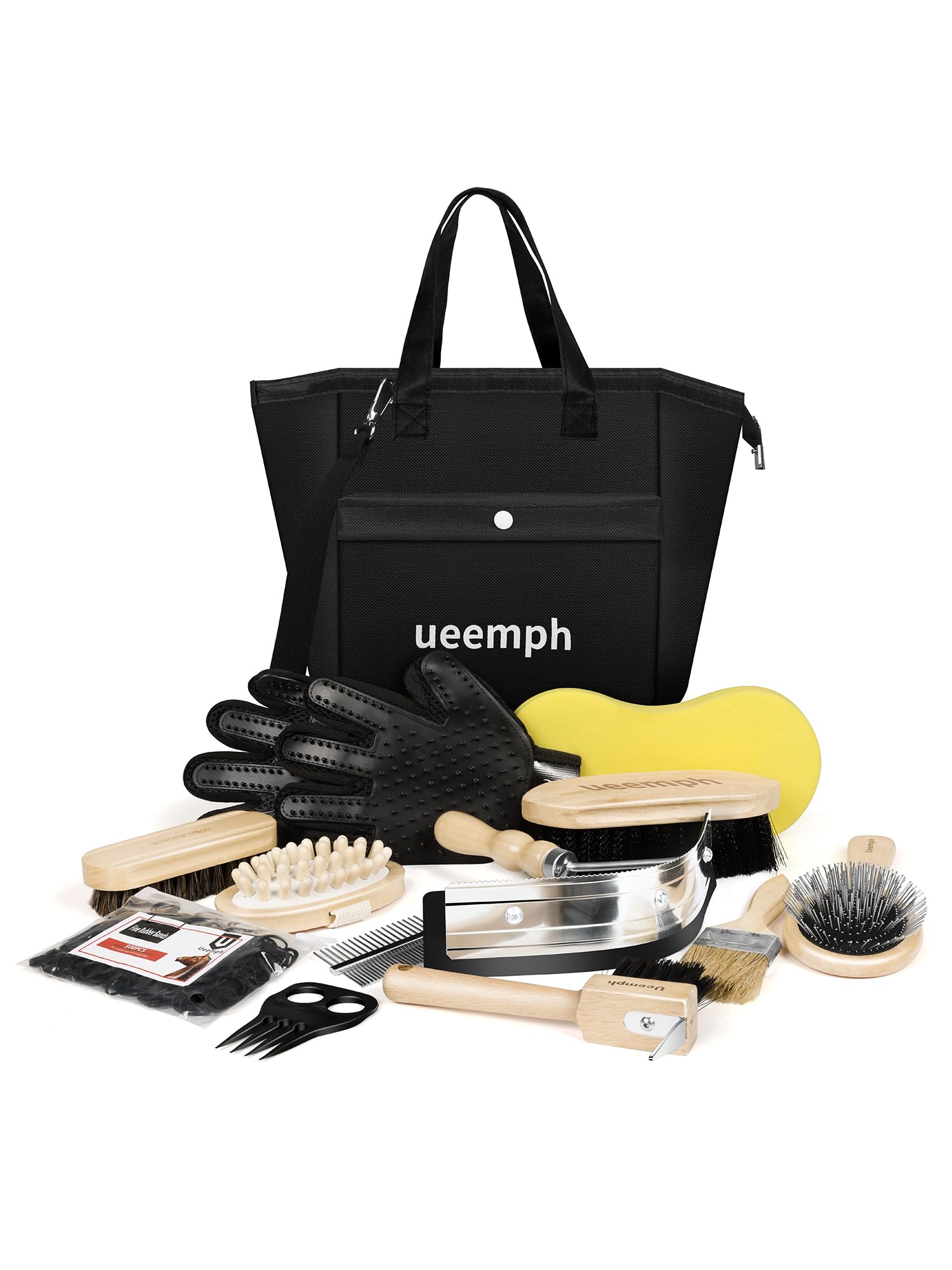 Ueemph Horse Grooming Kit(12-Piece),Black Horse Brushes For Grooming,Storage Bag,Horse Sweat Scraper,Mane Comb,Horse Grooming Gloves,Horse Gifts For Girls (Black)