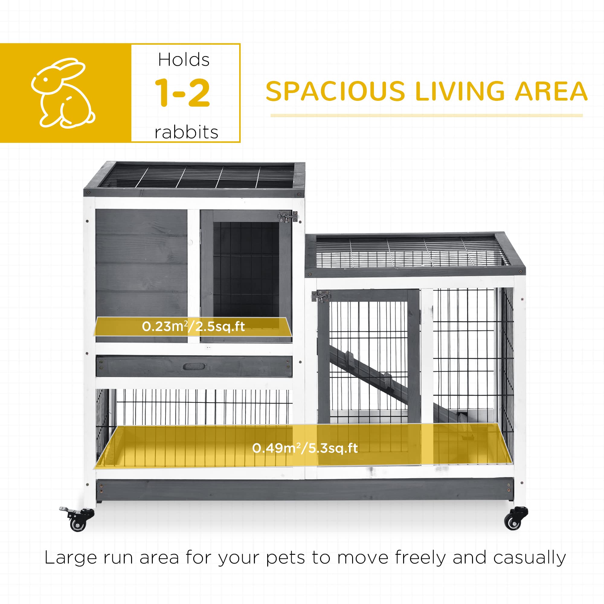 Pawhut Wooden Rabbit Hutch Elevated Bunny Cage Indoor Small Animal Habitat With Enclosed Run With Wheels, Ramp, Removable Tray I
