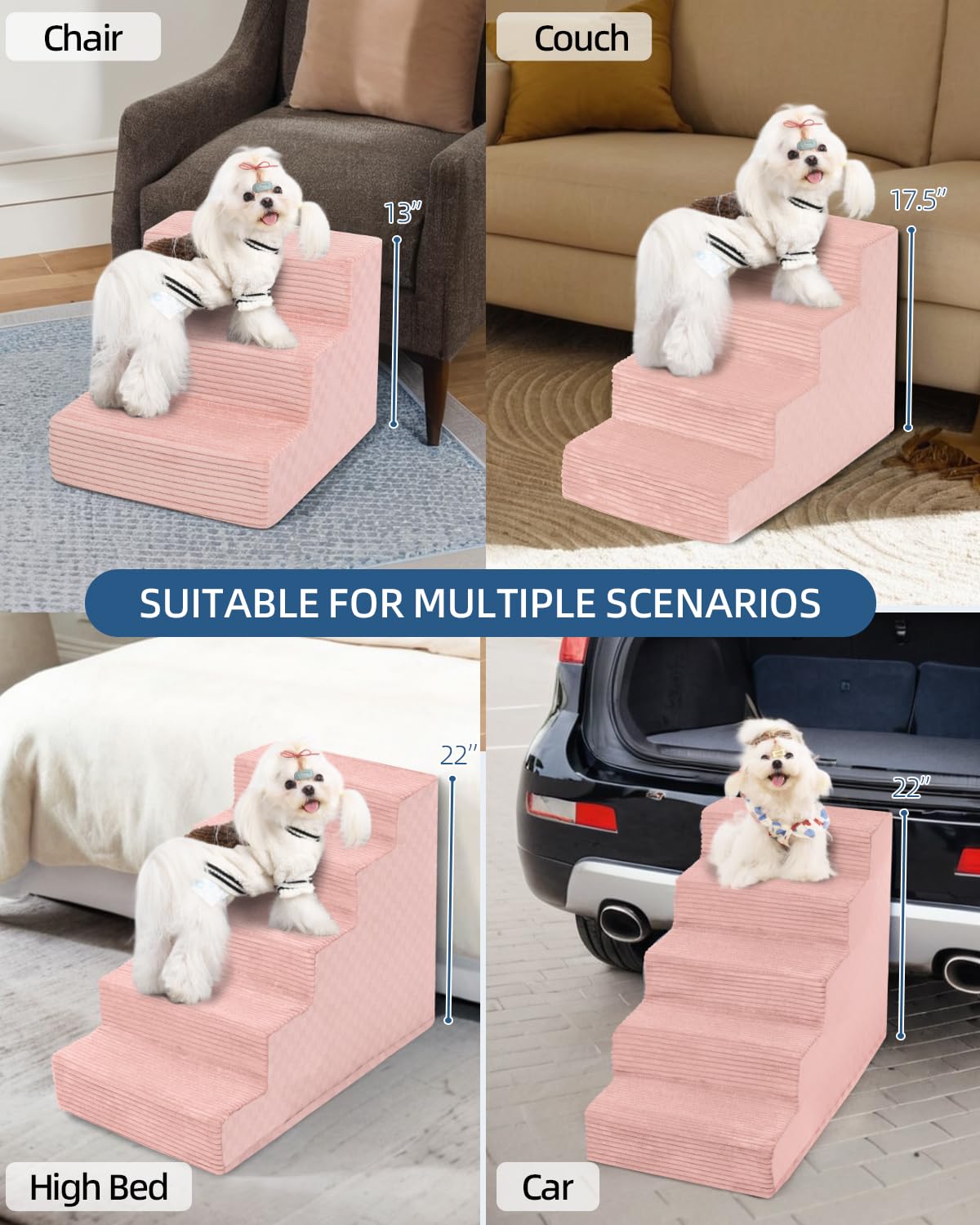 Vfrog Dog Stairs - 5-Step Foam Pet Steps for Small Dogs & Cats, Non-Slip, 22"H, Pink, Model GLT06