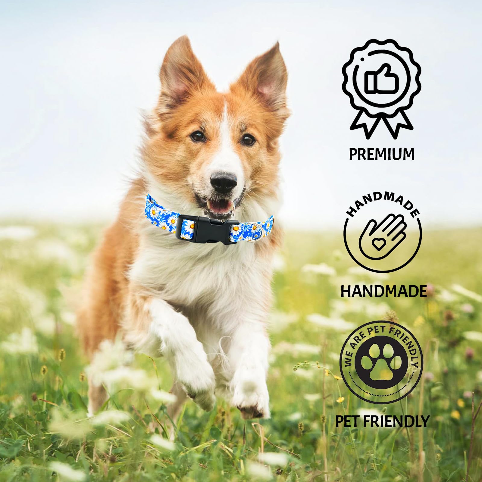 Tunkoo Blue Daisy Dog Collar, Cute Adjustable Premium Cotton Collar Durable Plastic Buckle For Small Medium Large Boys Girls Dog
