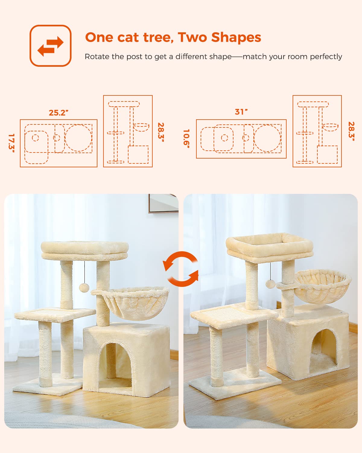 Pequlti Small Cat Tree, [28.5''] Cat Tower For Indoor Cats, 2 Styles Cat Activity Tree With Cat Scratching Posts, Big Hammock And Removable Top Perch Beige
