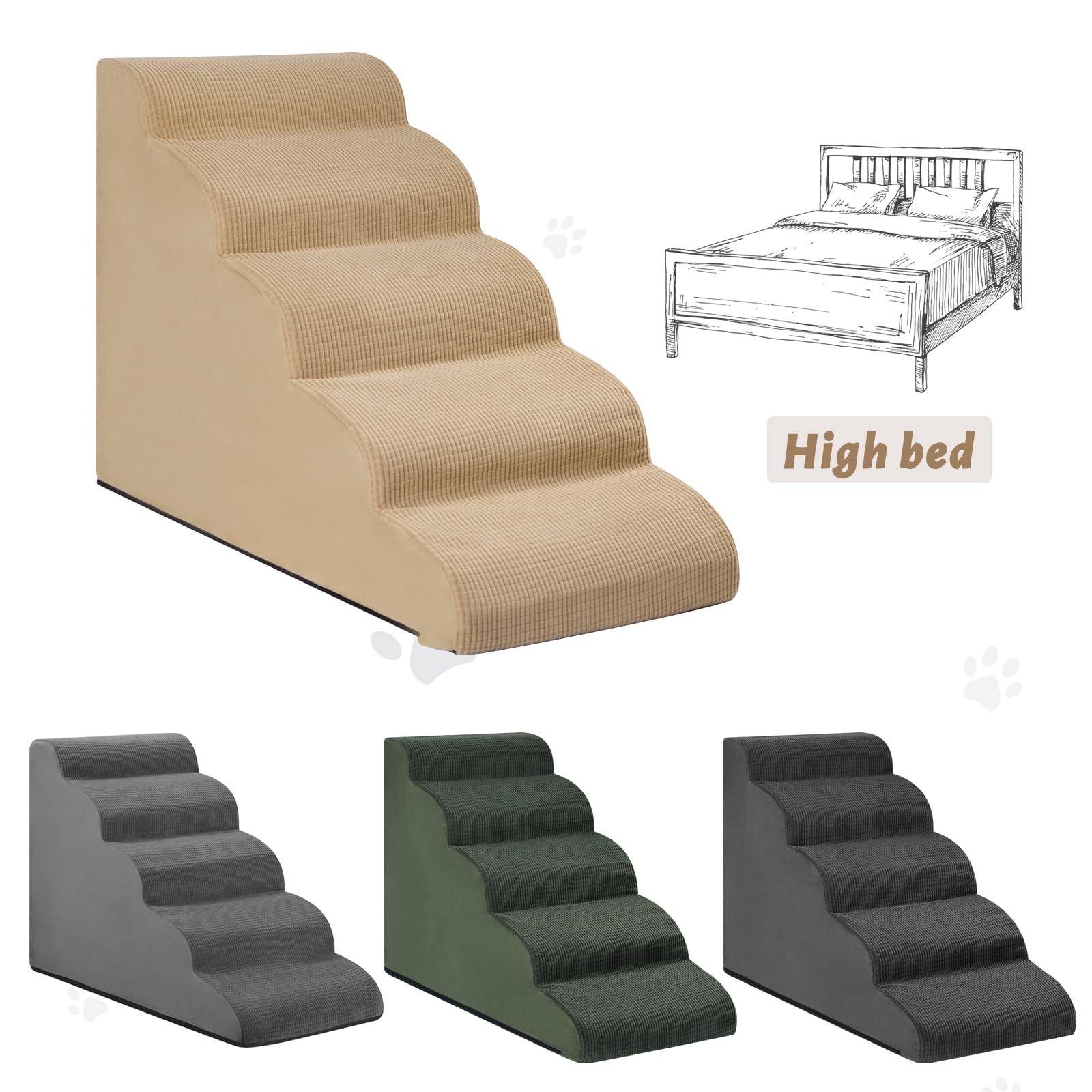 Aodisman 5-Step Dog Stairs and Ramp for High Bed, Non-Slip Sturdy Pet Steps for Small Dogs and Cats,22.2 H,Khaki
