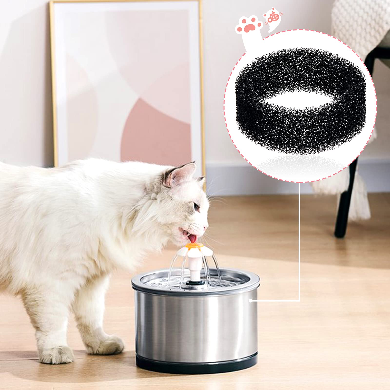 8 Pieces Pet Fountain Filter Pet Water Round Filter Foam For Cat Drink Fountain Cat Water Sponge Filter Cat Fountain Filter Sponge Replacement For 2.5 L/84 Oz 2.2 L/ 74 Oz Stainless Steel Cat Fountain