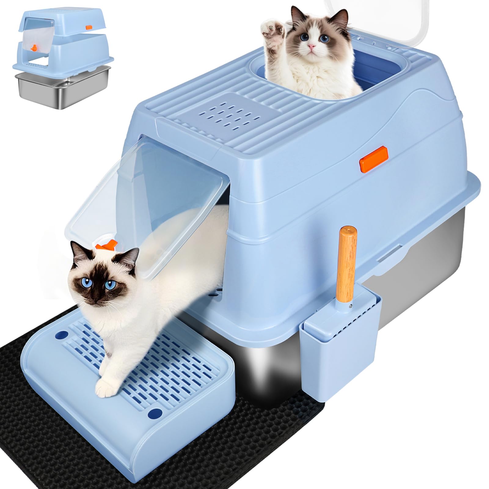 Xl Stainless Steel Litter Box, Easy-Clean With Top Exit Design, Odor Control Litter Box With Fully Enclosed Design & Activated C