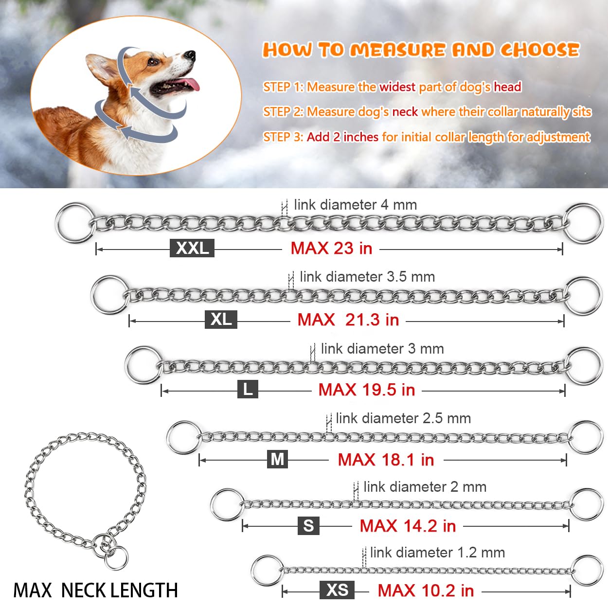 TagME Chain Choke Collar for Dogs, Adjustable Weather Proof Necklace for Medium Large Dogs, Alloy Steel Pet Training Collar