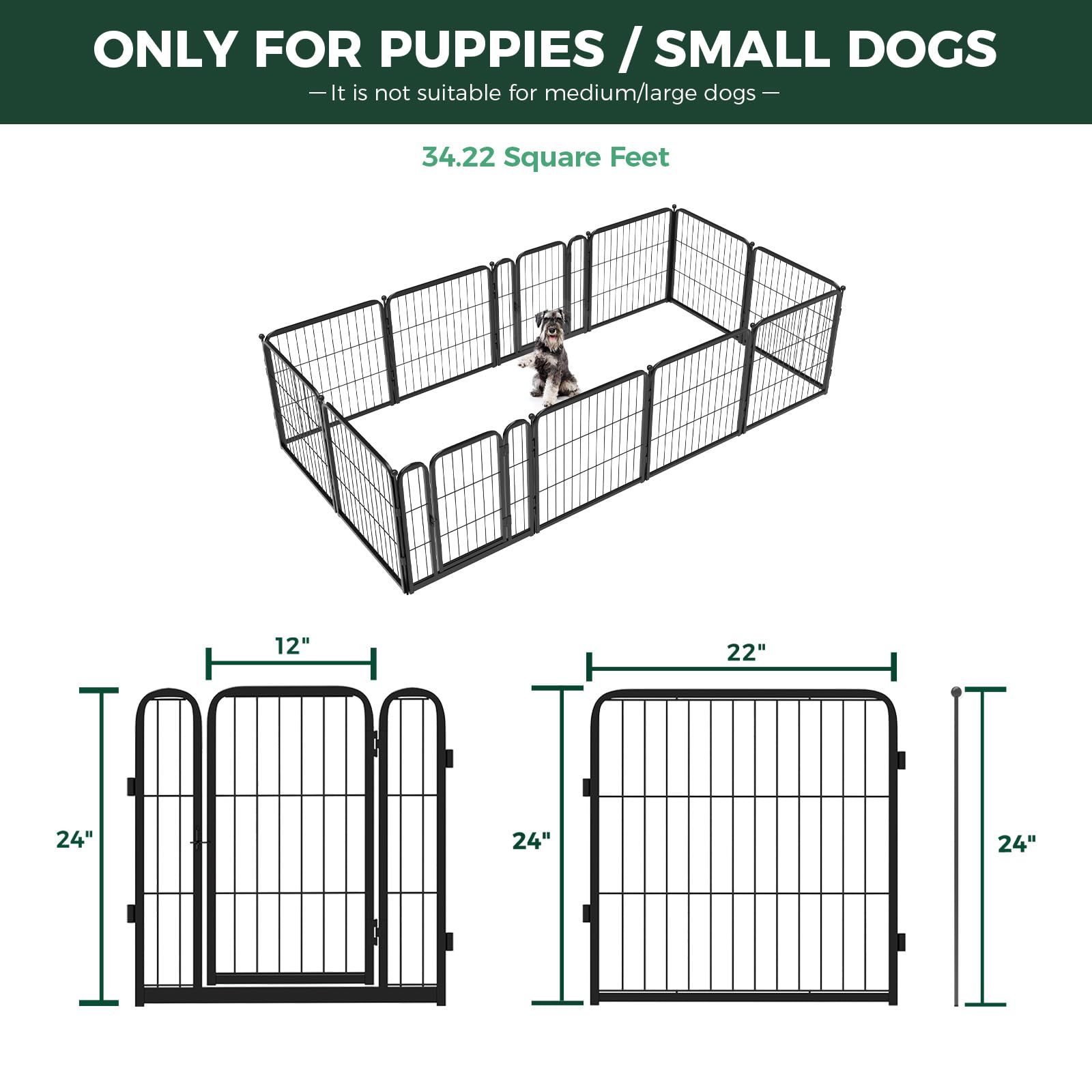 FXW Indoor Dog Playpen - 24" Metal Pet Fence for Small Dogs, 12 Panels, Black