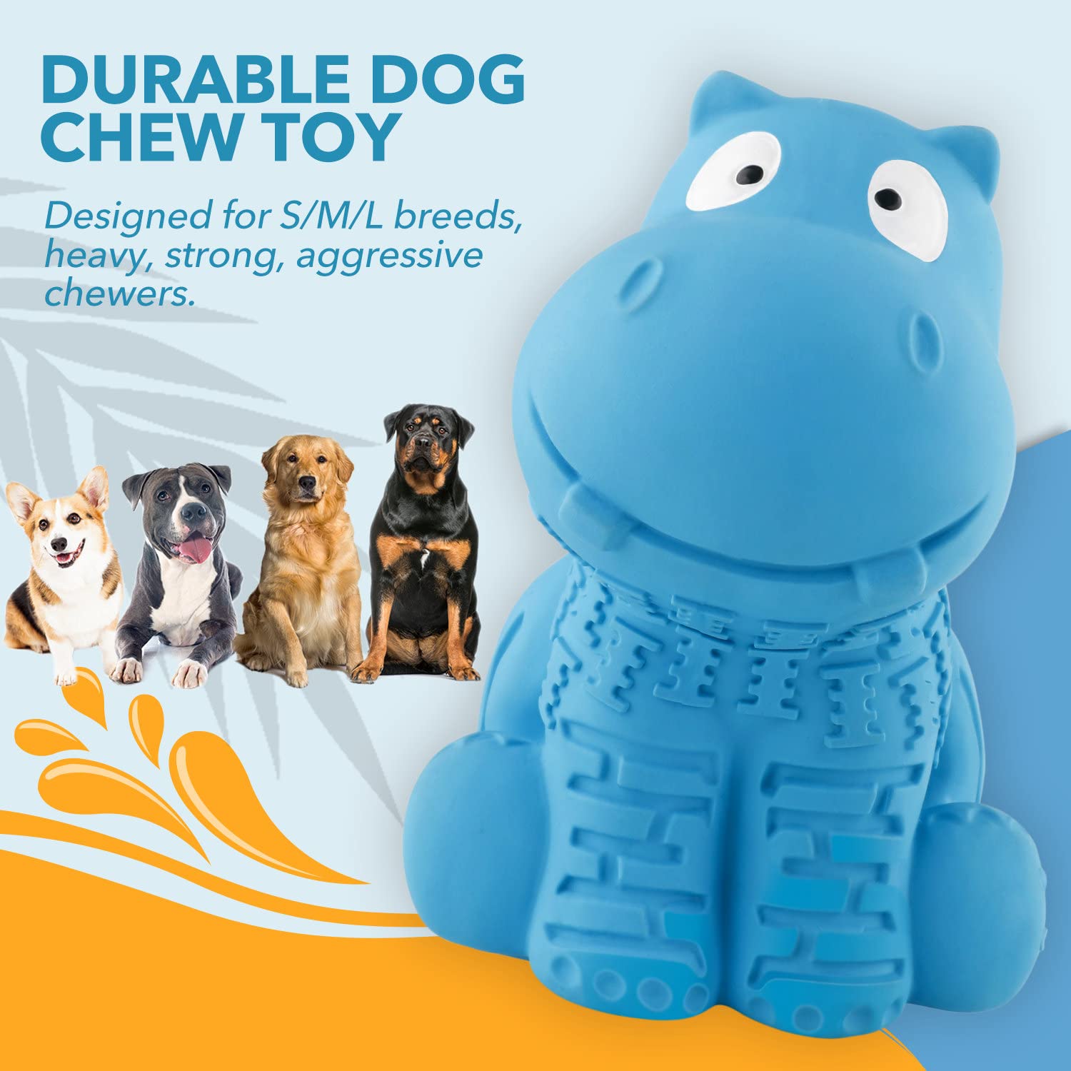 Petizer Indestructible Squeaky Dog Toys For Aggressive Chewers, Durable Tough Latex Toys For Heavy Chewers, Natural Rubber Toys For Small/Medium/Large Dogs, Blue Hippo