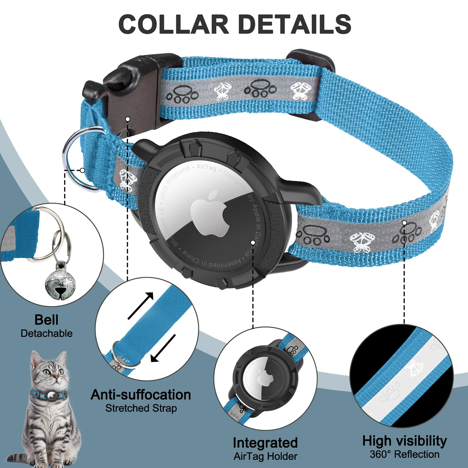 Reflective Airtag Cat Collar, Integrated Cat Tracker Collar With Air Tag Holder And Bell, Safety Elastic Band Cat Gps Collars For Girl Boy Cats, Kittens And Puppies (Blue, Xs)