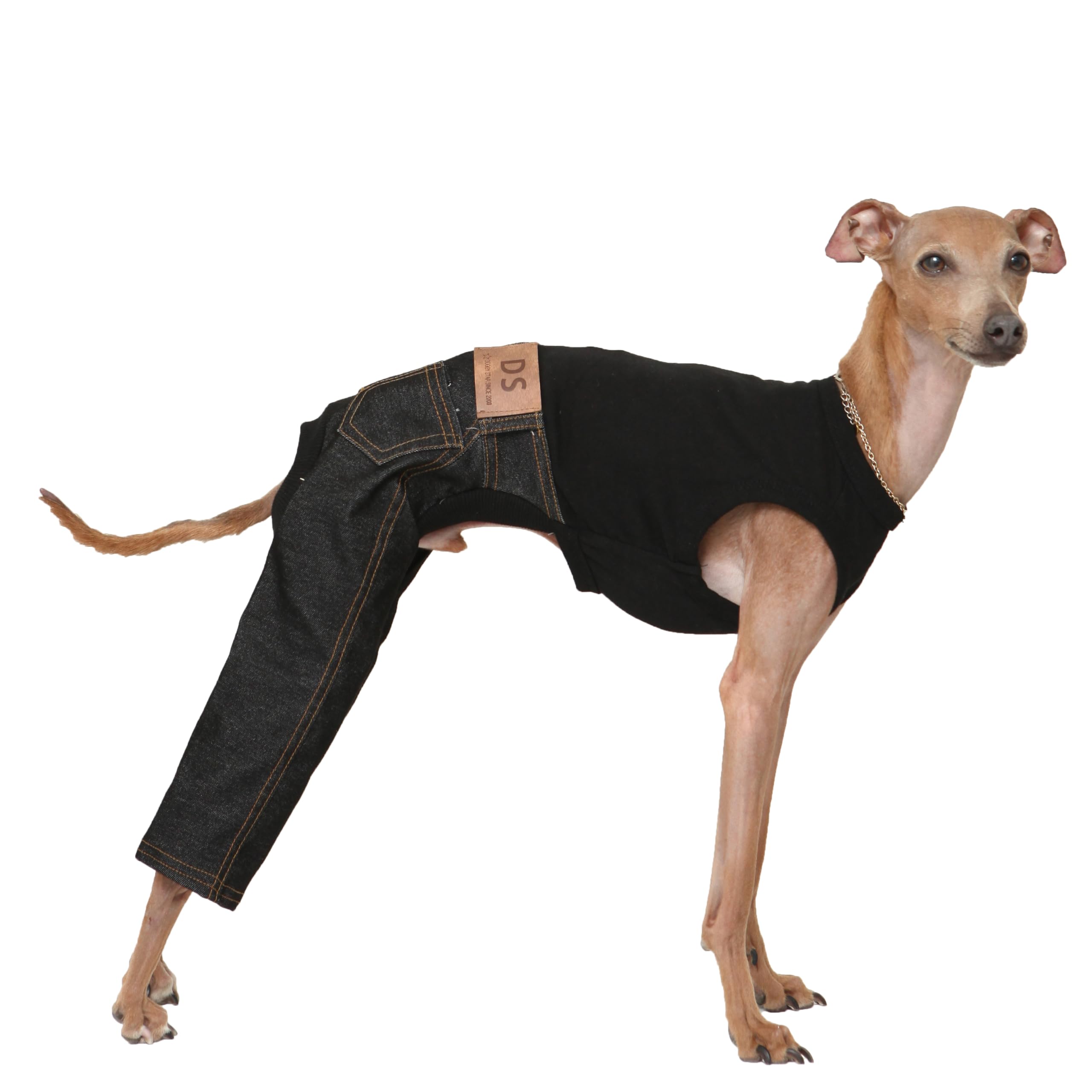 D Doggy Star Italian Greyhound Clothes Sleeveless Jeans Onesie Outfit Whippet For Dog Coat (L,Black Jean)