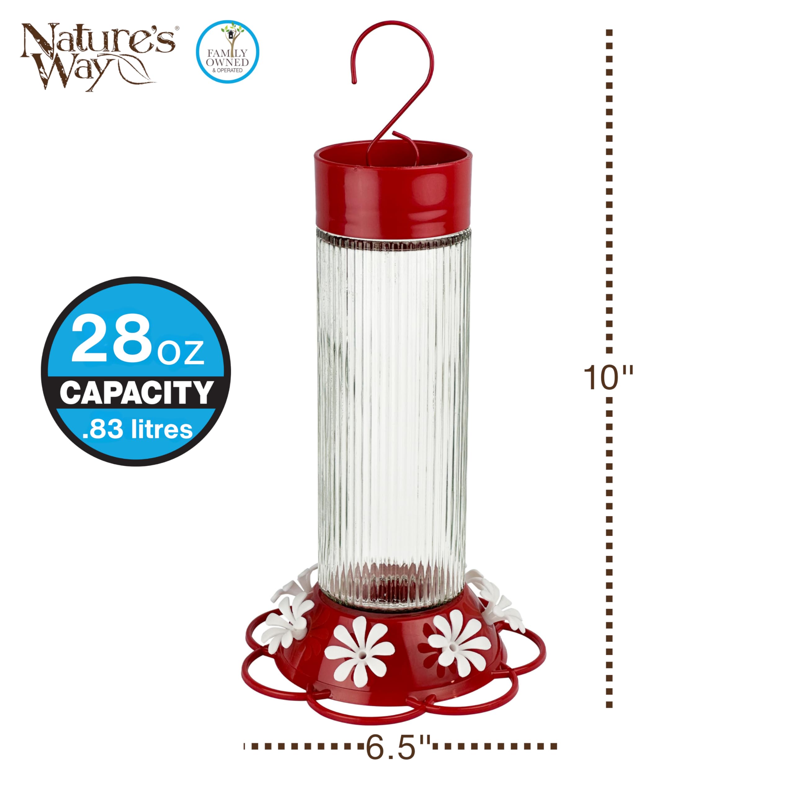 Natures Way Hanging Glass Hummingbird Feeder for Outdoor D  cor, 28 Ounce Capacity Nectar Feeder, Ant Moat, 7 Easy to Clean Fle