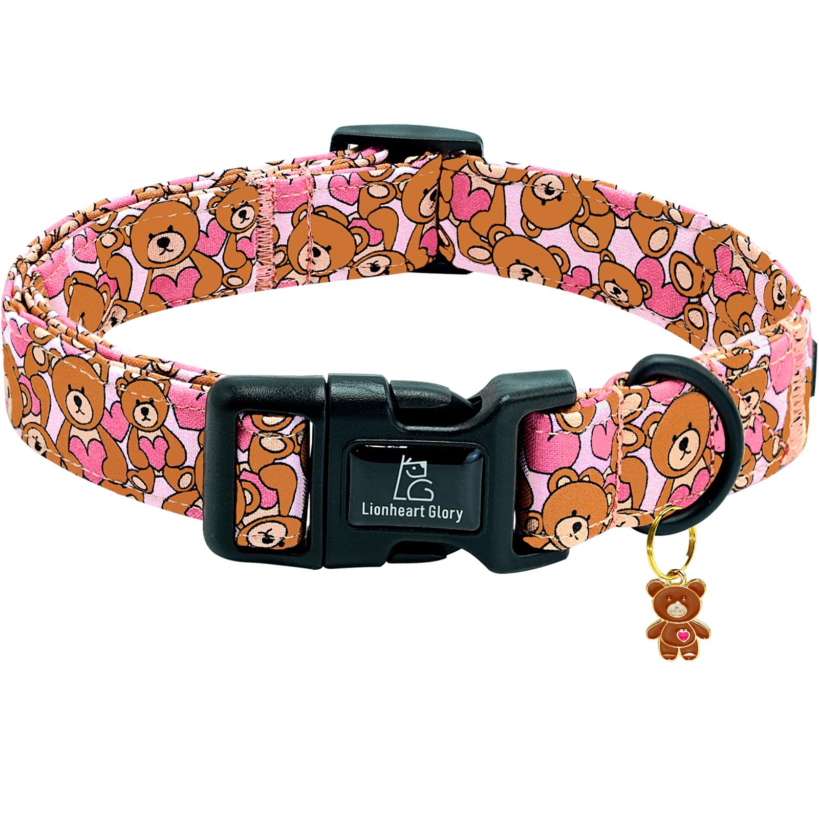Lionheart Glory Valentine Collar-Bear Hearts Print Dog Collar For X-Small Cute Pink Dog Collars Spring Female Pet Gift Adjustabl