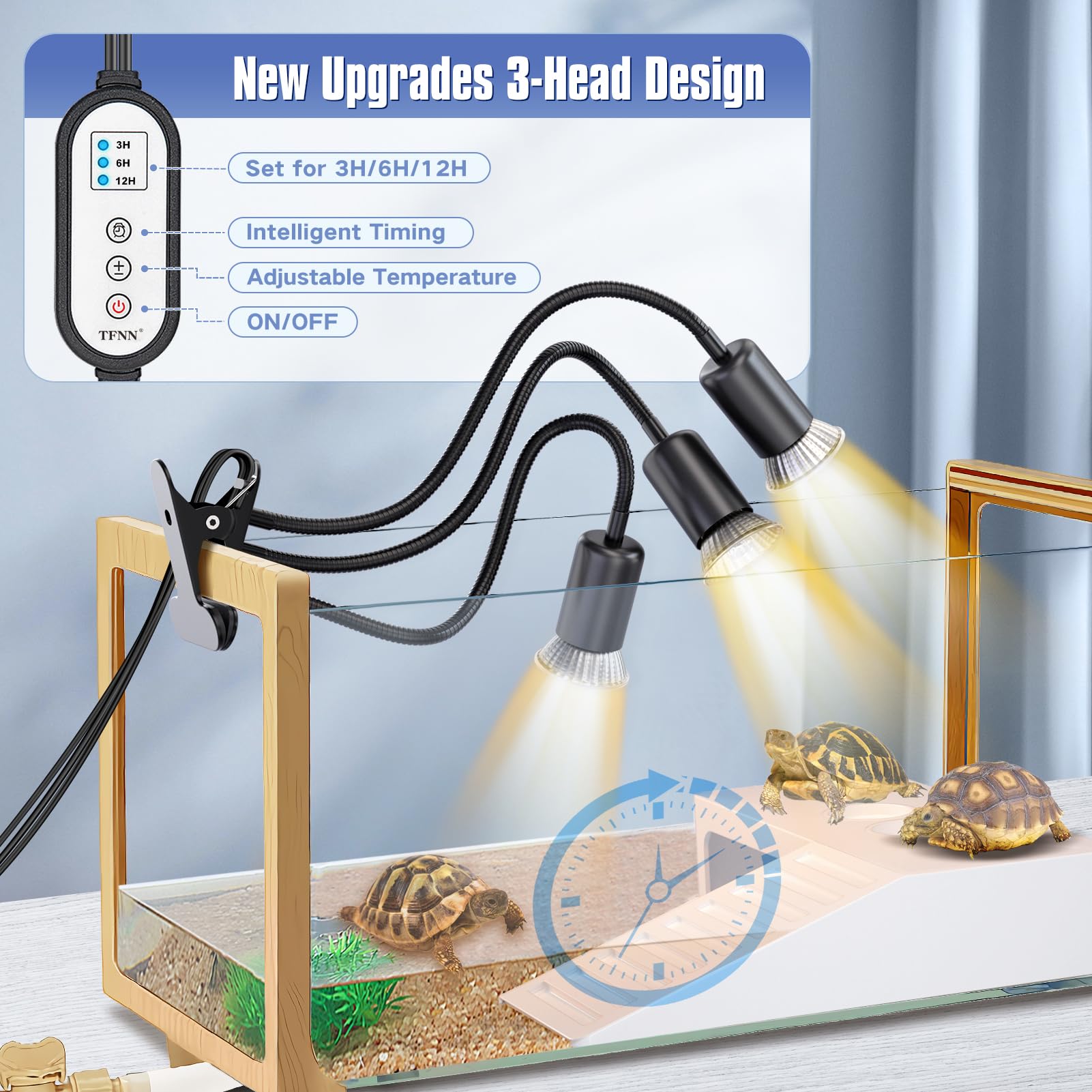Tfnn Reptile Heat Lamp, Three Head Reptile Light With Cycle Timer,Uva Uvb Light, Dimmable Basking Lamp For Tortoise, Bearded Dra