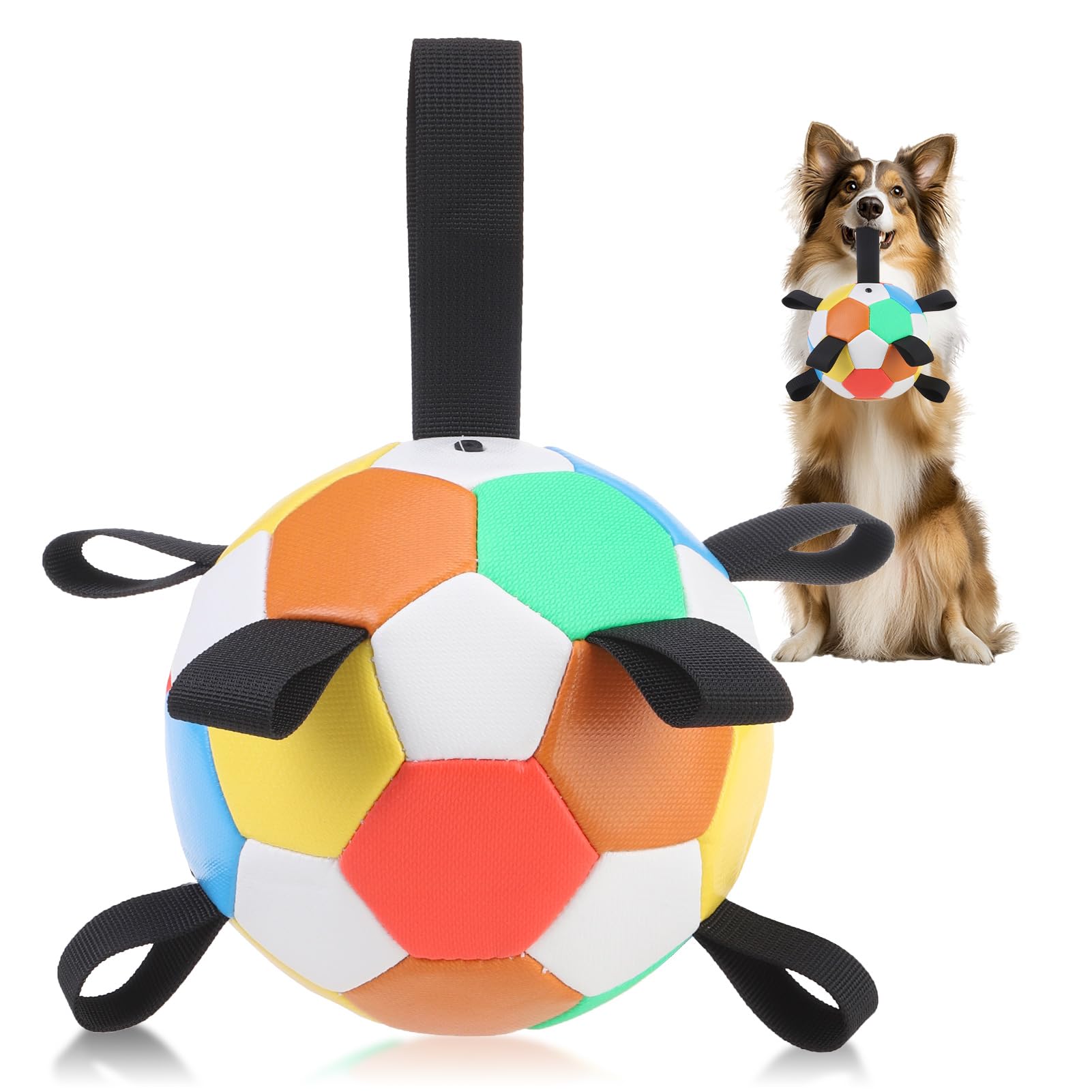 Bingpet Dog Toys Soccer Ball,Interactive Dog Toys Ball For Tug Of War,Outdoor Dog Soccer Ball With Straps,Dog Water Toy,Puppy Bi