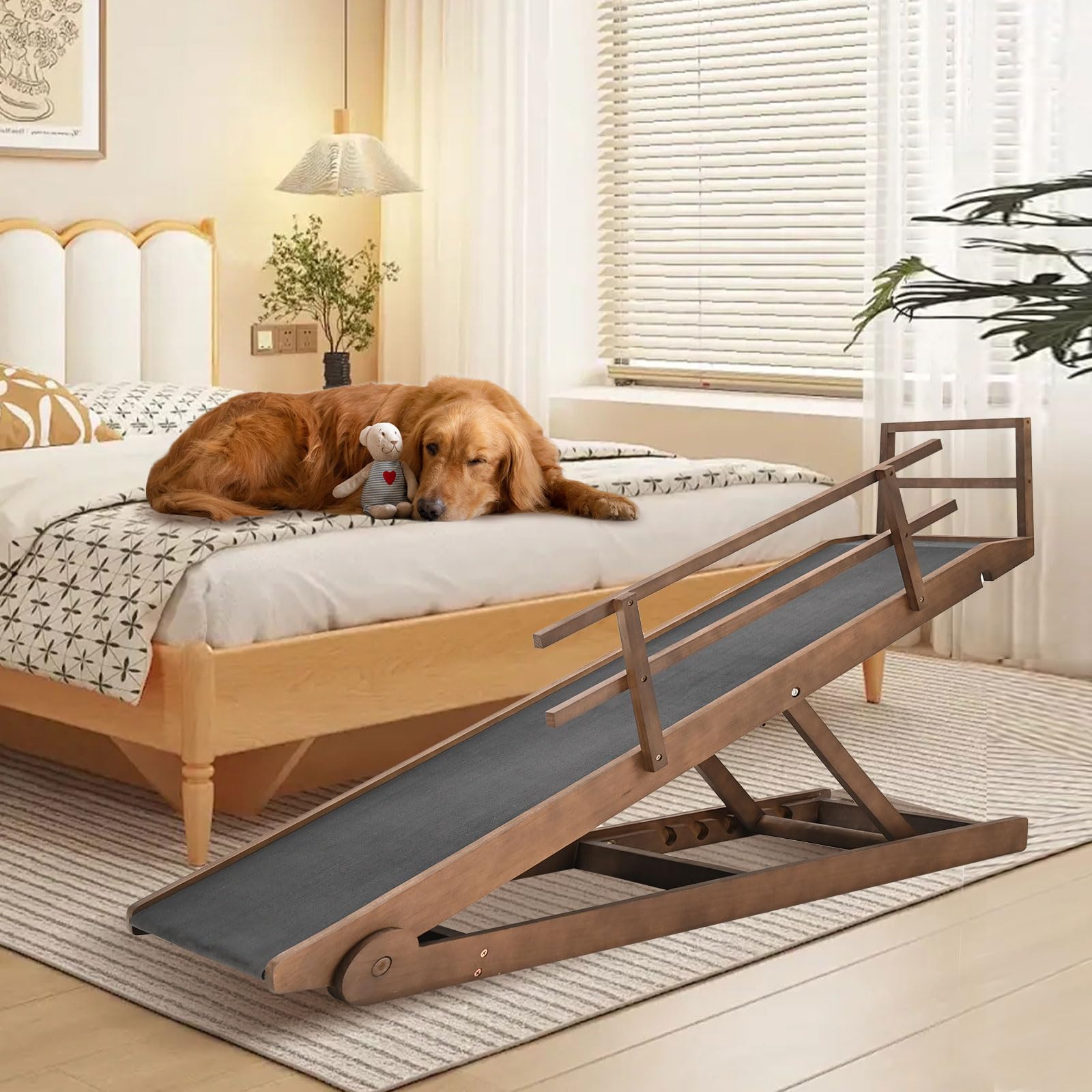 Dog Ramp, 5 Level Adjustable Height Folding Pet Ramp For High Bed, Portable Paw Ramps Large Bed Ramp For Medium & Large Old Dogs