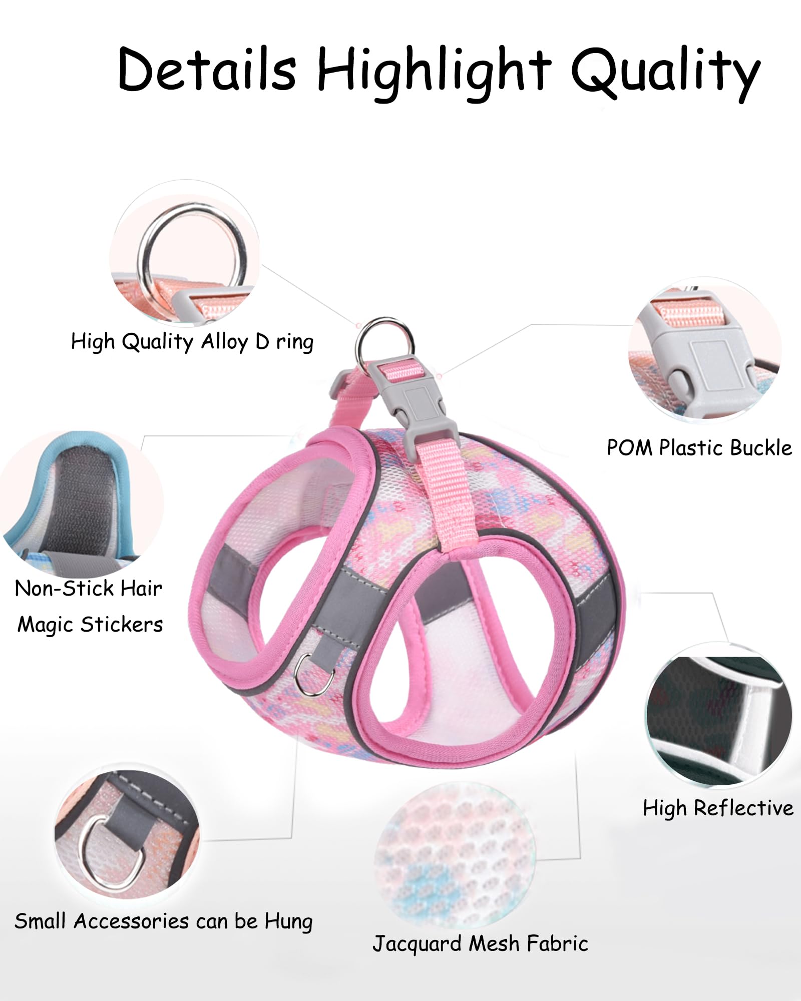 Aecllcea Pink Dog Harness - Small, Medium Step In, No Pull, Cat Leash Set