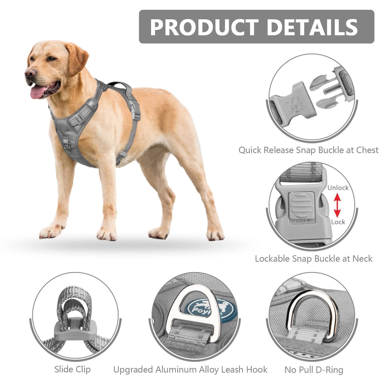 Poypet No Pull Dog Harness, No Choke Reflective Dog Vest, Adjustable Pet Harnesses With Easy Control Padded Handle For Small Medium Large Dogs(Gray,Xl)