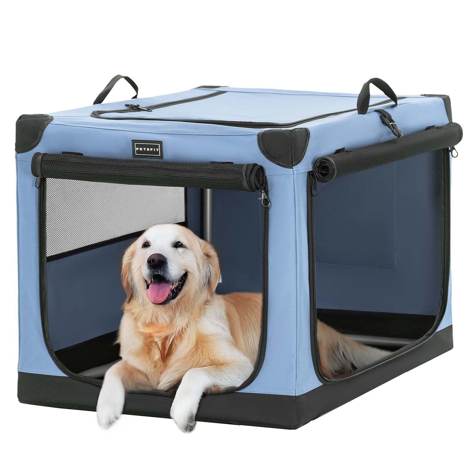 Petsfit 39.5 Inch Collapsible Dog Crate, Adjustable Fabric Cover By Spiral Iron Pipe, Chew Proof 3 Door Design, Soft Sided Dog K