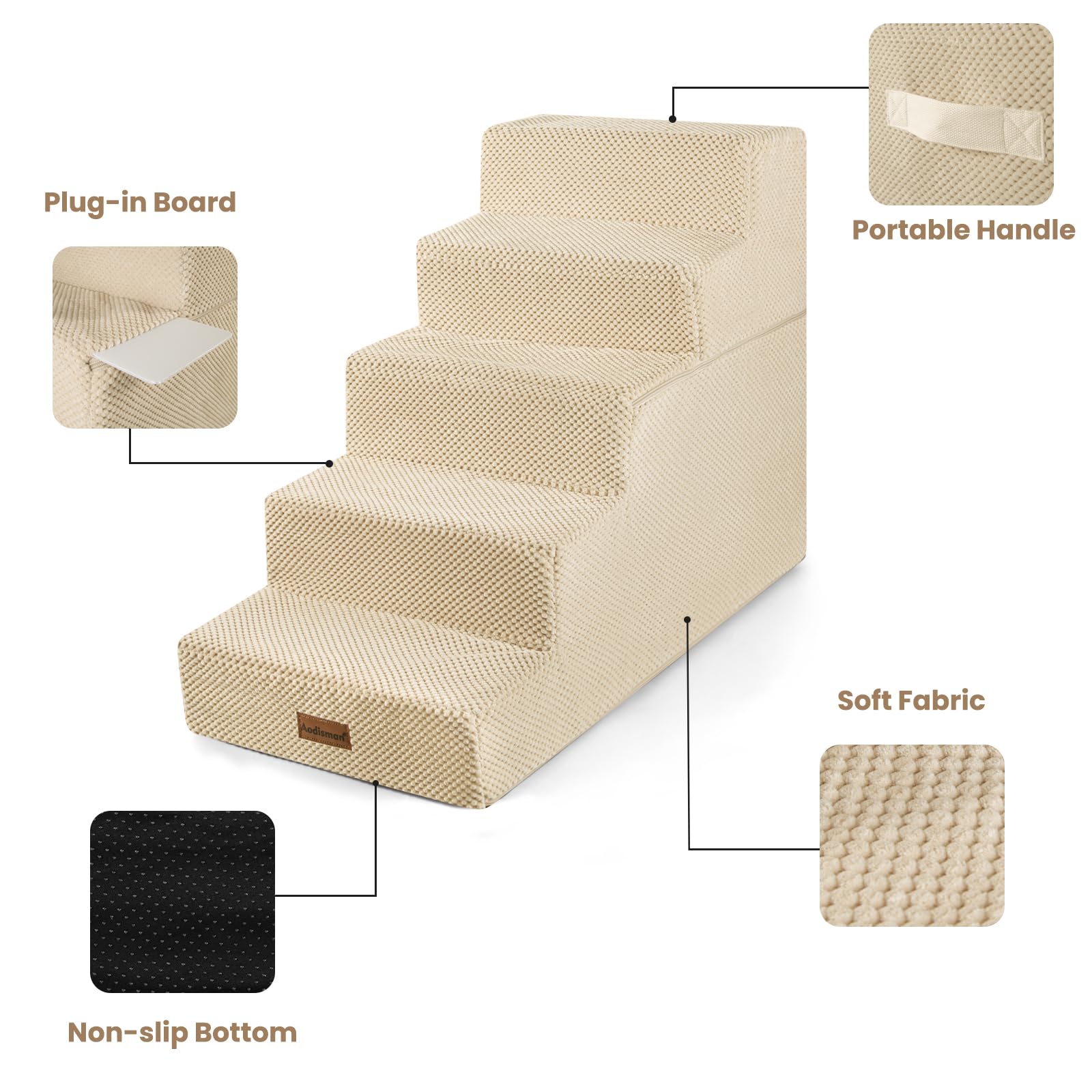 Aodisman Dog Stairs for High Bed 22.6 H,5-Step Dog Steps for Small Dogs and Cats,Indoor Non-Slip Balanced Pet Stairs are Suitabl