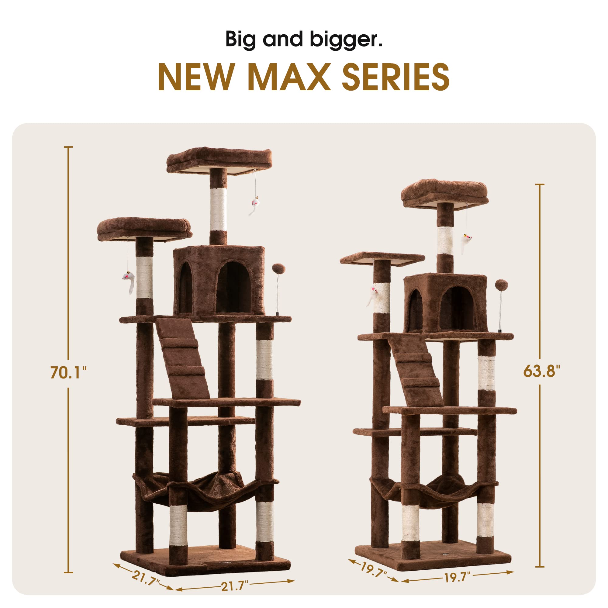 MWPO Cat Tree 70.1-Inch Multi-Level Tower, Plush Condo with Scratching Posts, Brown, Model US-130MAX-E