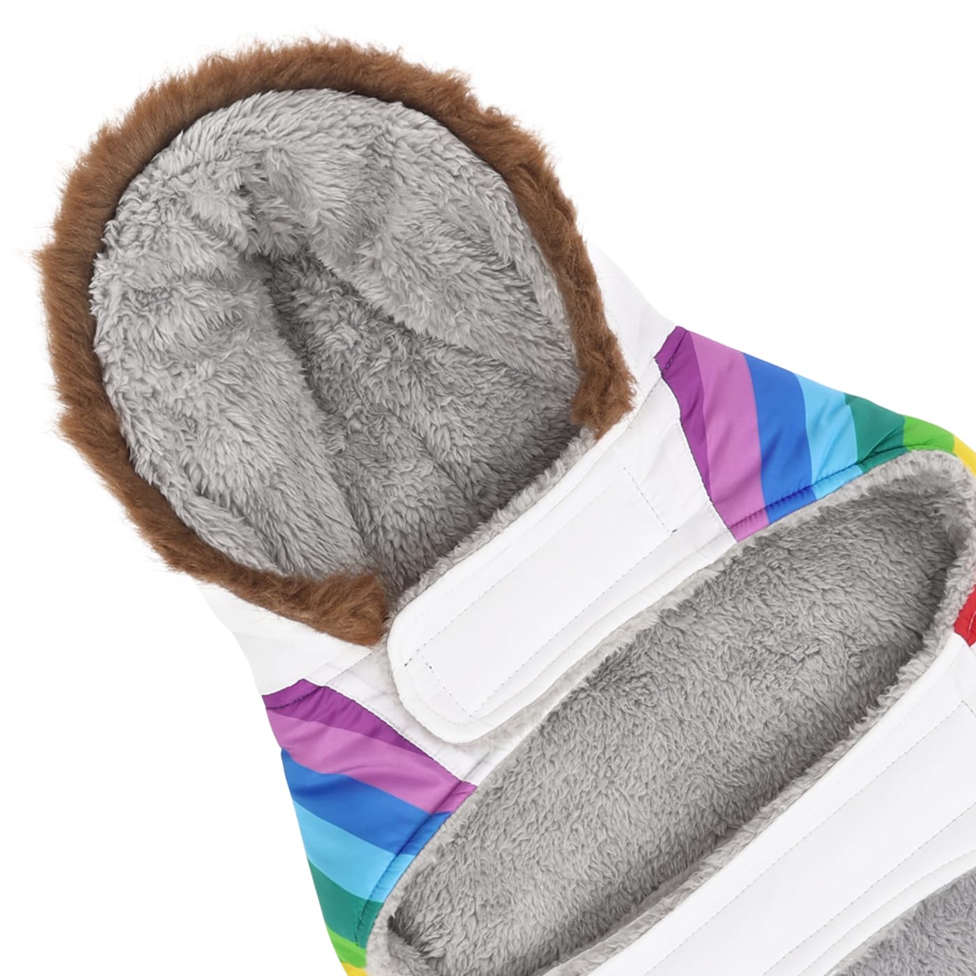 Hde Dog Puffer Jacket Fleece Lined Warm Dog Parka Winter Coat With Harness Hole White Rainbow Stripe - L