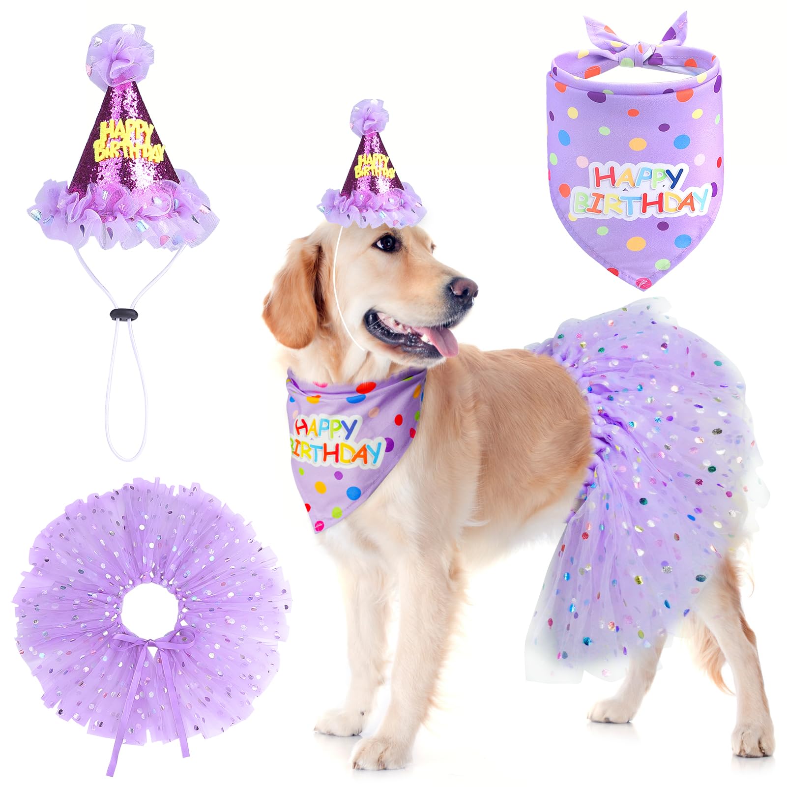 SCENEREAL Dog Birthday Bandana with Hat and Dress Girl Set, Large Dog Birthday Party Supplies, Cute Tutu Skirt Outfit for Medium