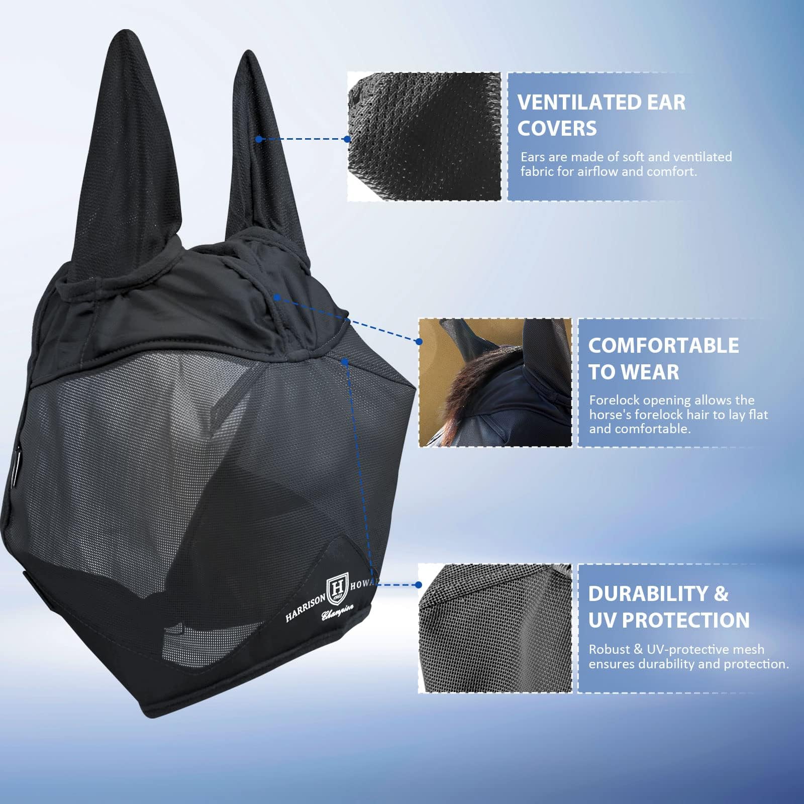 Harrison Howard UV-proof Multi-Function Fabrics Thick Fleece Padding Horse Fly Mask Half Face with Ears Black Warmblood Extra La