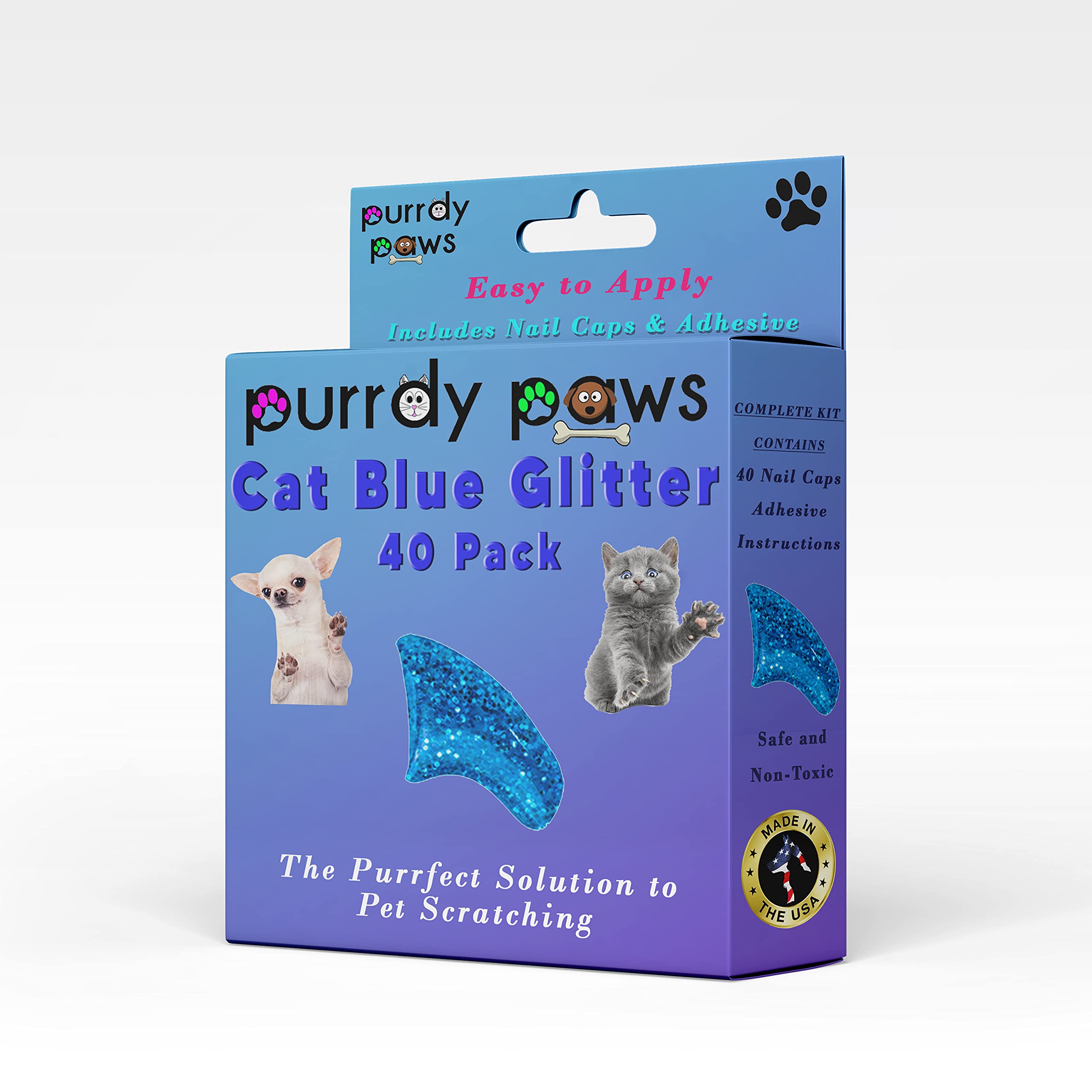 Purrdy Paws 40 Pack Soft Nail Caps for Cat Claws Blue Glitter Small