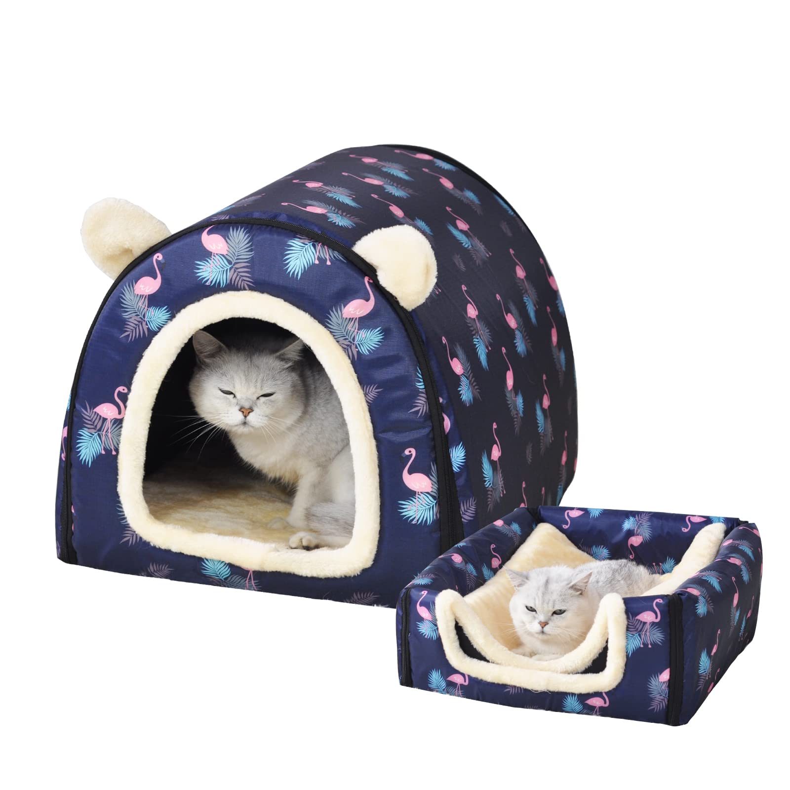 Cat Bed Or Dog Bed,2 Ways To Use,Indoor Pet House With Fluffy Mat,Removable And Washable Cover,Splash-Proof House And Non-Slip B
