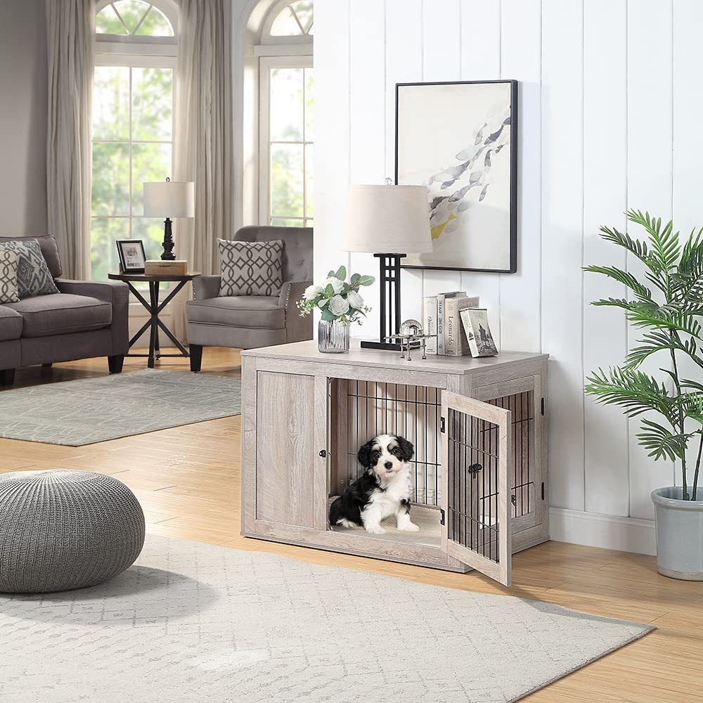 unipaws Medium Dog Crate - Weathered Grey Wood Indoor Kennel, Modern Decorative Pet House, Model UH5160