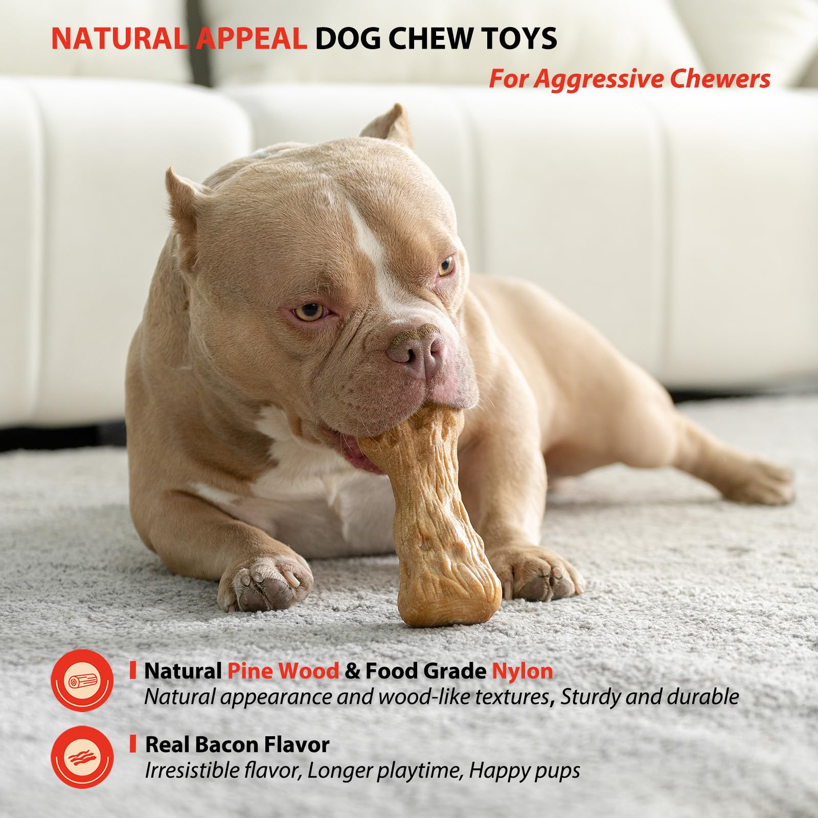 Willjoy Dog Chew Toys for Aggressive Chewers, Large Pine Wood & Nylon, Bacon Flavor, Model DCT01 - 1-Pack DuraDumb