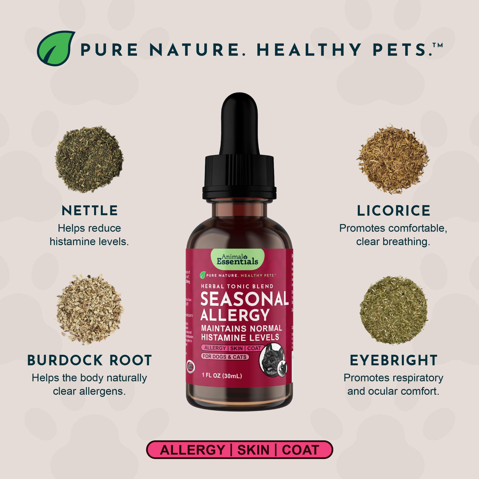 Animal Essentials Seasonal Allergy Herbal Supplement for Dogs & Cats, 2 Fl Oz - Sweet Tasting, Made in the USA, Model 9000724