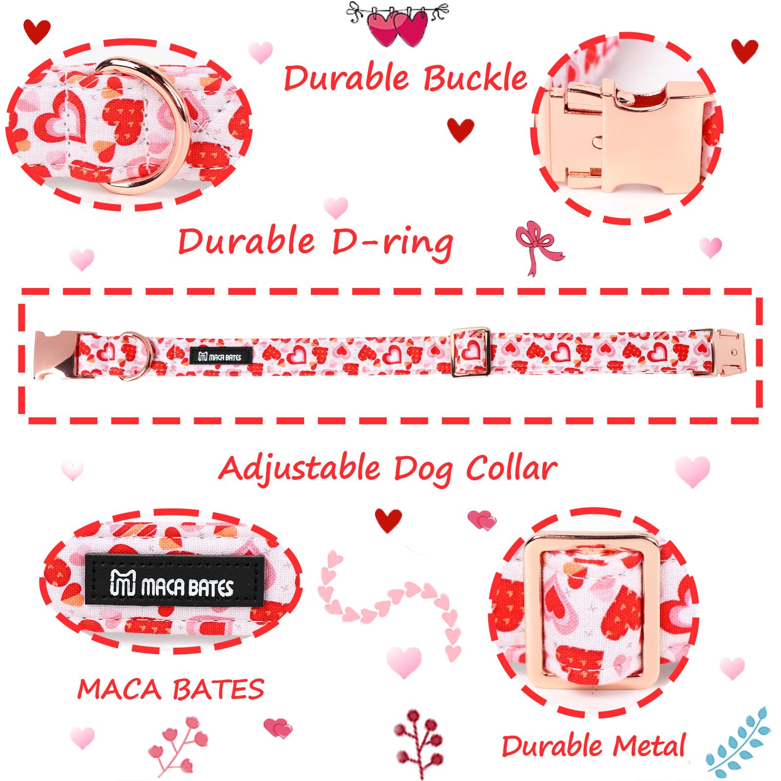 M MACA BATES Valentines Dog Collar - Adjustable Soft Heart Design, Size L, Valentine-Pink Love for Small Medium Large Dogs