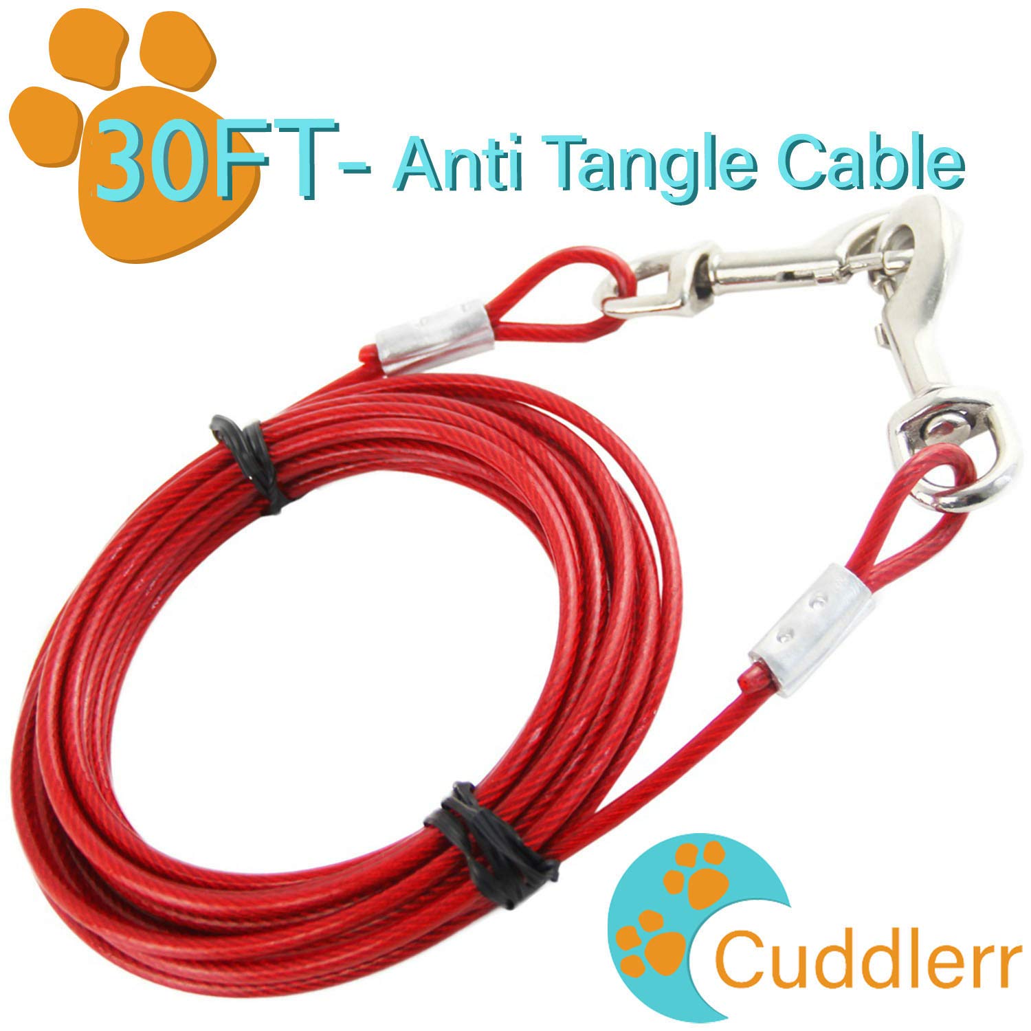 30Ft Dog Tie Out Cable For Dogs, 16'' Chrome Plated Anti Rust Stake, Great For Camping Or The Garden, Suitable For Harness, Leas