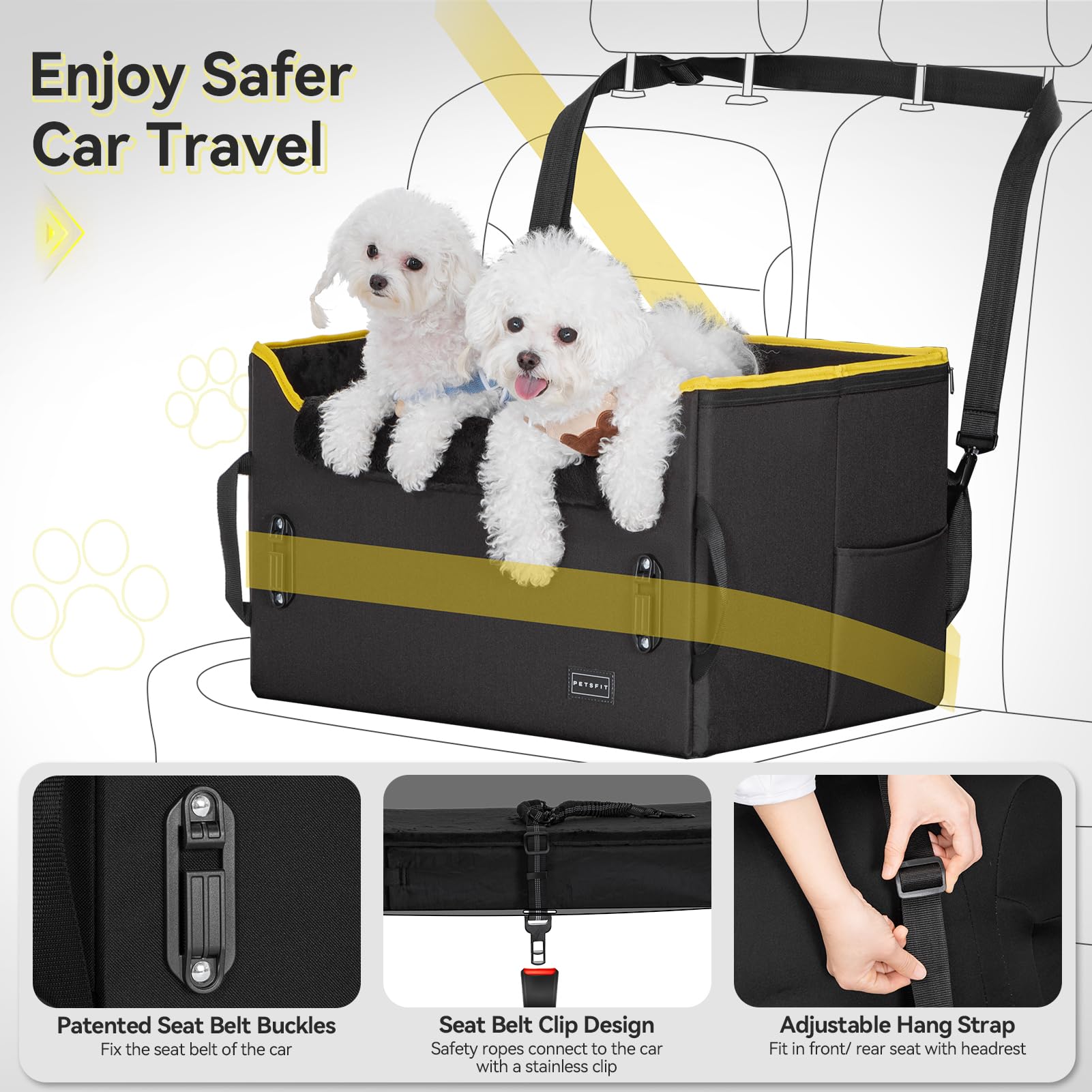 Petsfit Dog Car Booster Seat, Medium Dog Car Seat With 2 Clip-On Safety Leashes, Patented Buckles, Dog Booster Seat For Pets Under 45Lbs (Medium, Black)