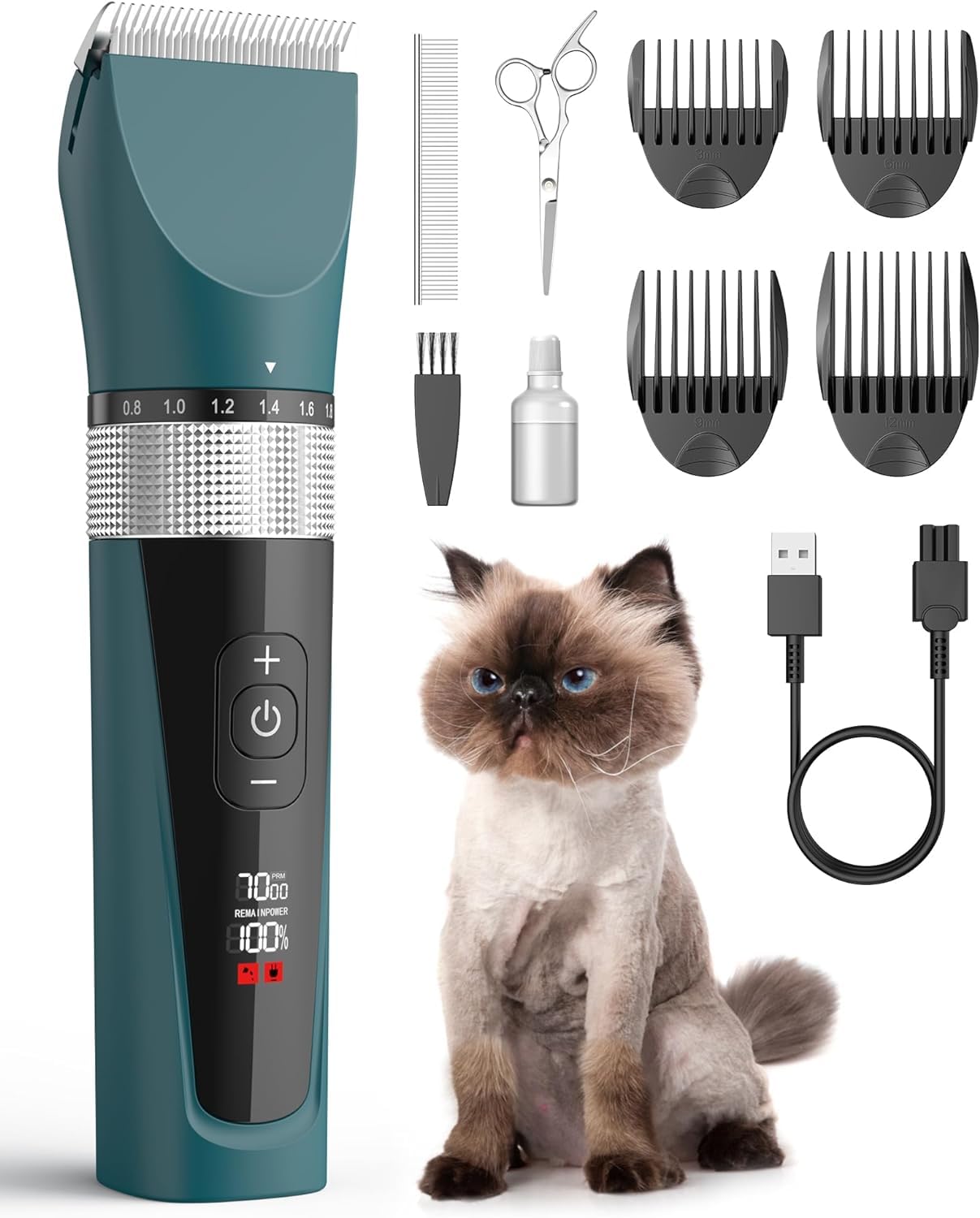 oneisall Cat Grooming Clippers for Matted Long Hair, 5-Speed Cat Grooming Kit Cordless Low Noise Pet Hair Clipper Trimmer Shaver