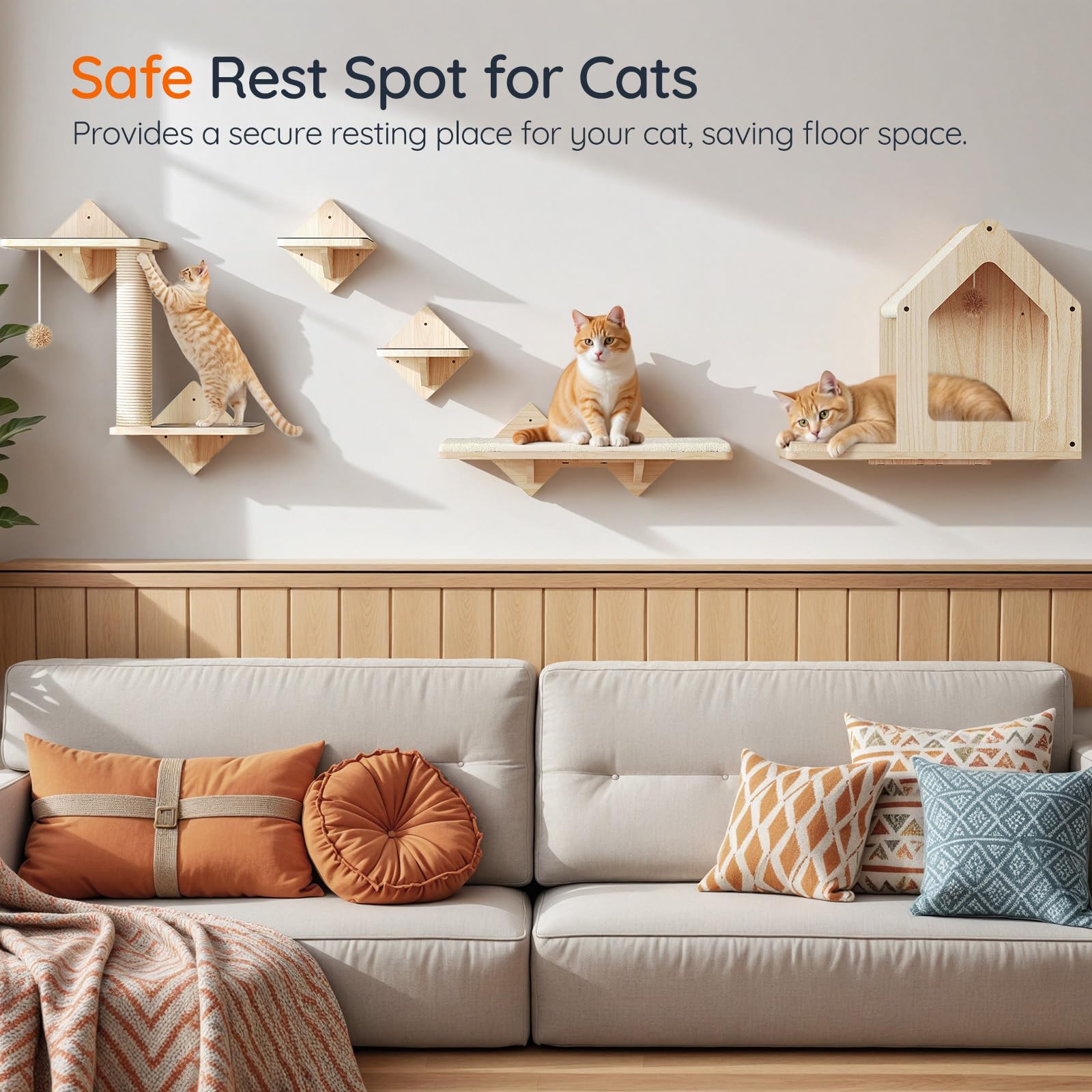 HOOBRO Cat Wall Shelves Set of 5, Natural Pine Wood, 17.3"x13.4"x7.5", Includes Steps, House & Scratching Post, Model NL43