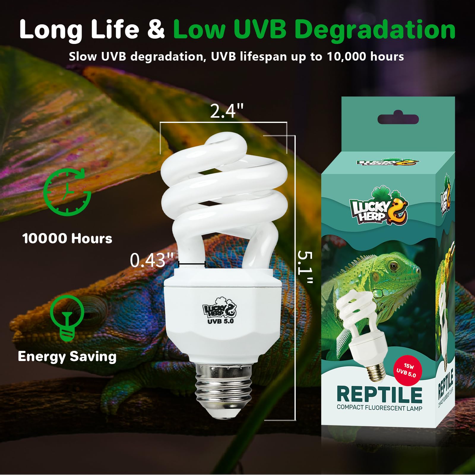 Lucky Herp Uva Uvb Reptile Light 5.0, Tropical Uvb 100 Compact Fluorescent Lamp, Uvb Light For Reptiles 15W, Uva Uvb Reptile Lig