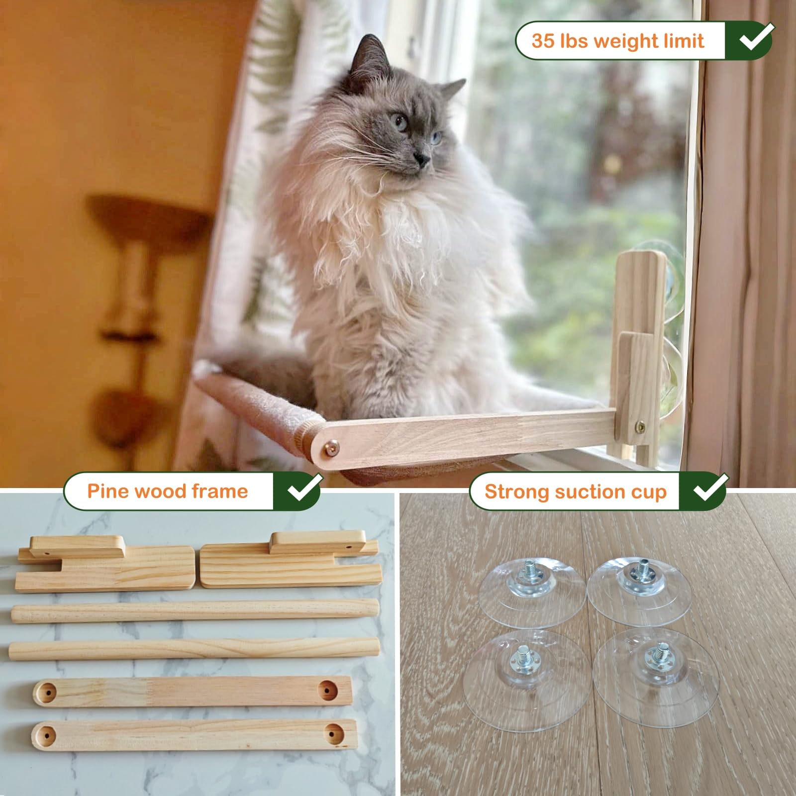 Funeetop Foldable Cat Window Perch, 16.5'X12' Hammock For Small Windows, 35 Lbs Weight Limit, Pine Wood Material