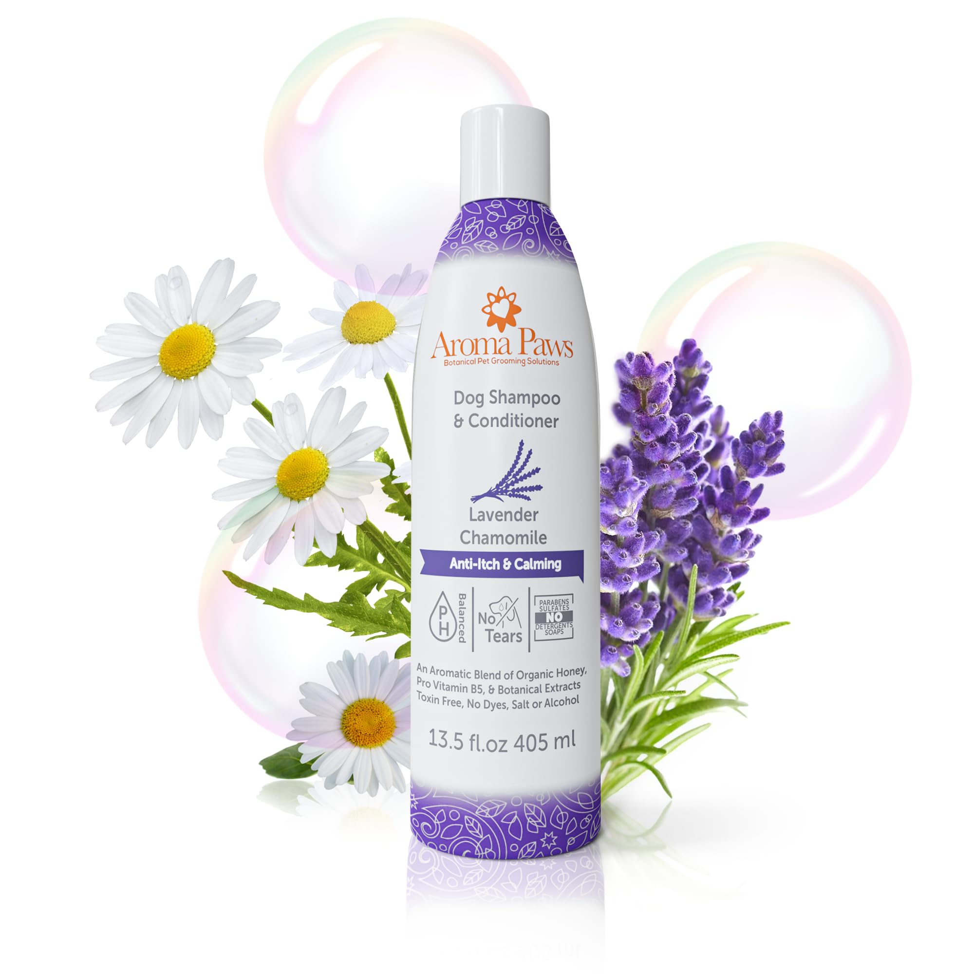 Aroma Paws Dog Shampoo And Conditioner - Aromatic Tearless Shampoo For Cleansing, Grooming, And Conditioning - Moisturizing Shampoo For Dogs And Puppies - Lavender Chamomile 13.5 Oz
