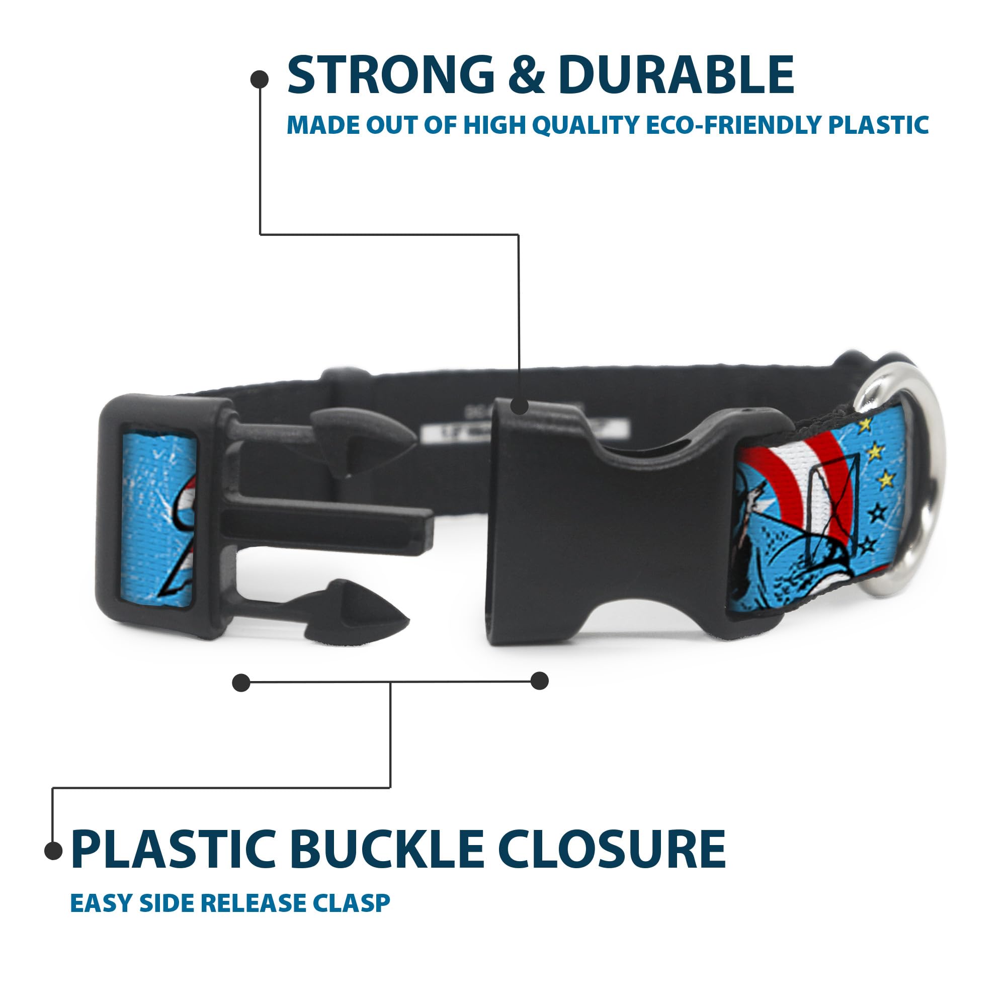 Dog Collar Plastic Clip Captain America Action Pose Weathered Blue 6 To 9 Inches 0.5 Inch Wide