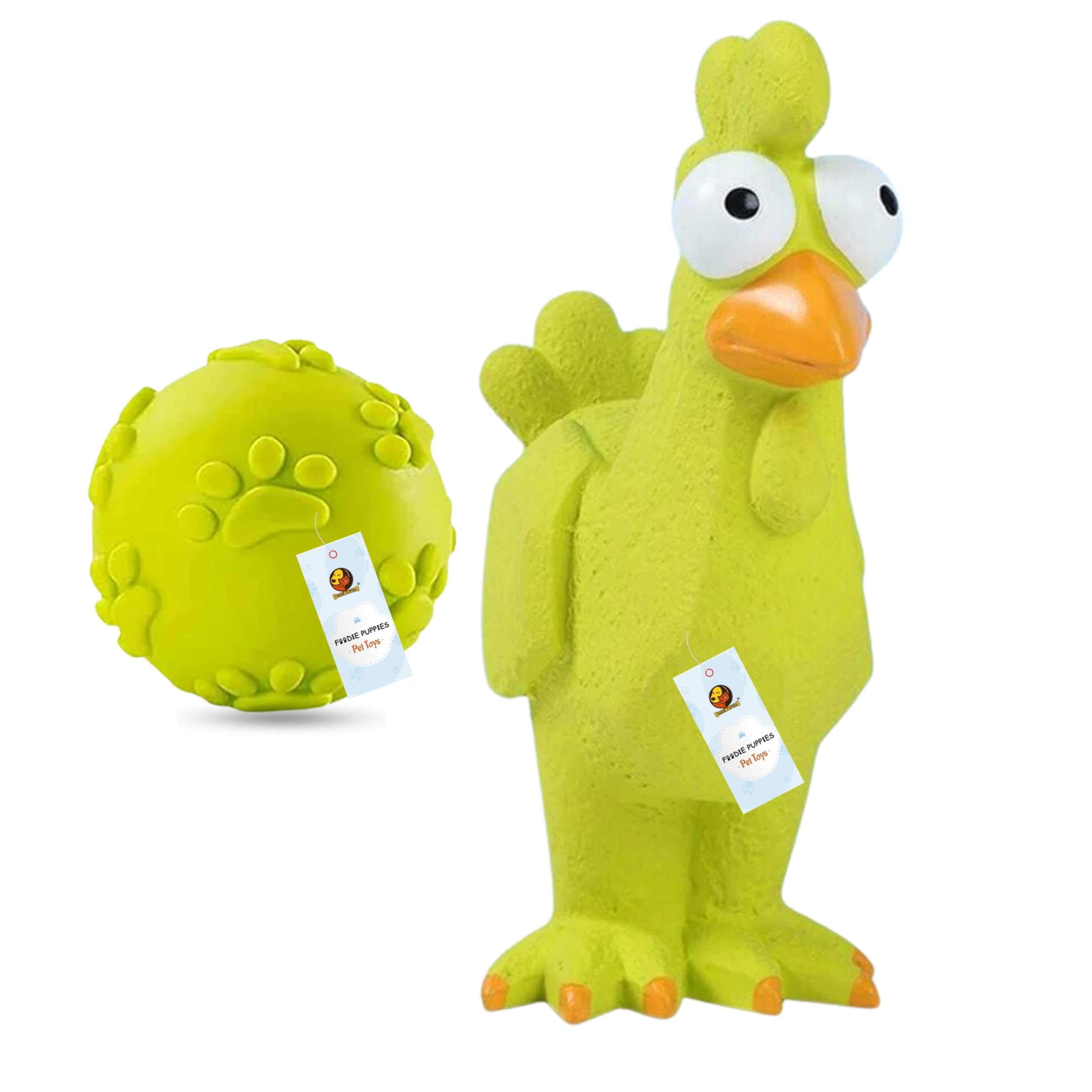Foodie Puppies Latex Squeaky Chew Dog Toy Combo (Claw Ball + Green Googly Rooster Hen) | Interactive Durable Fetch Soft & Safe P