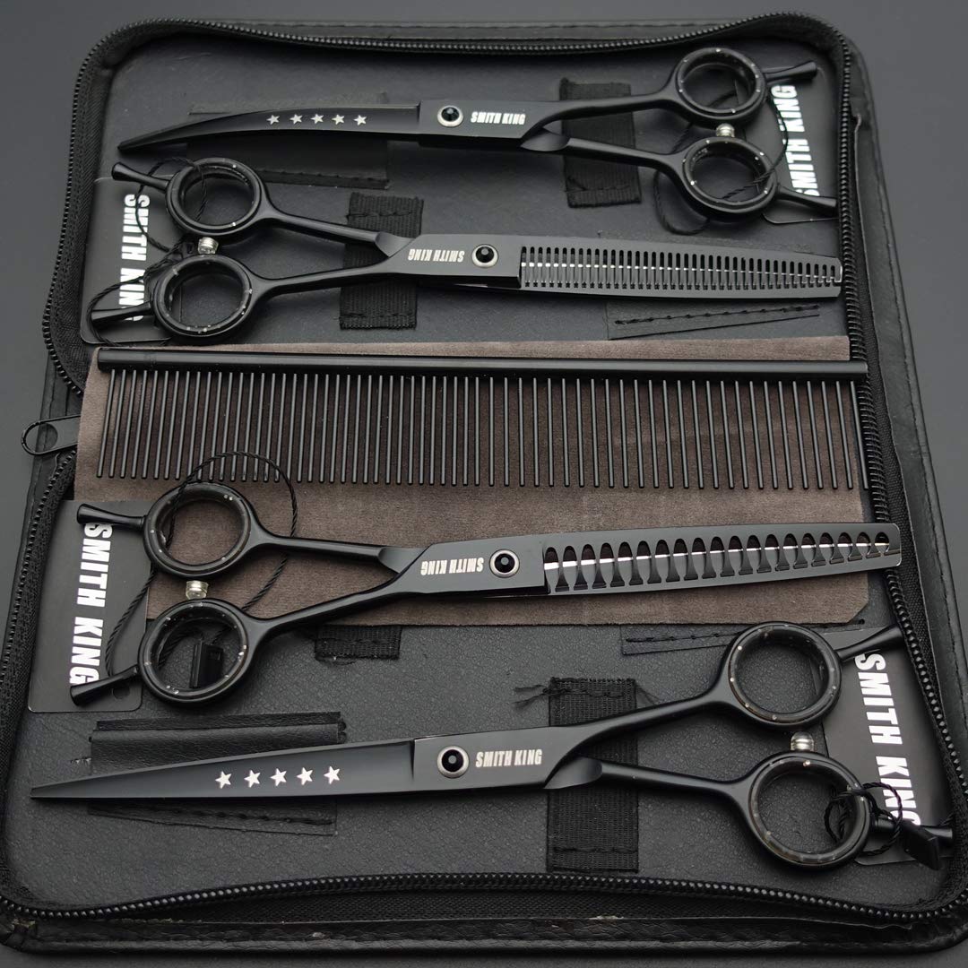 Smithking 7" Professional Dog Grooming Scissors Set, 5-Piece, Stainless Steel, Right-Handed, Black