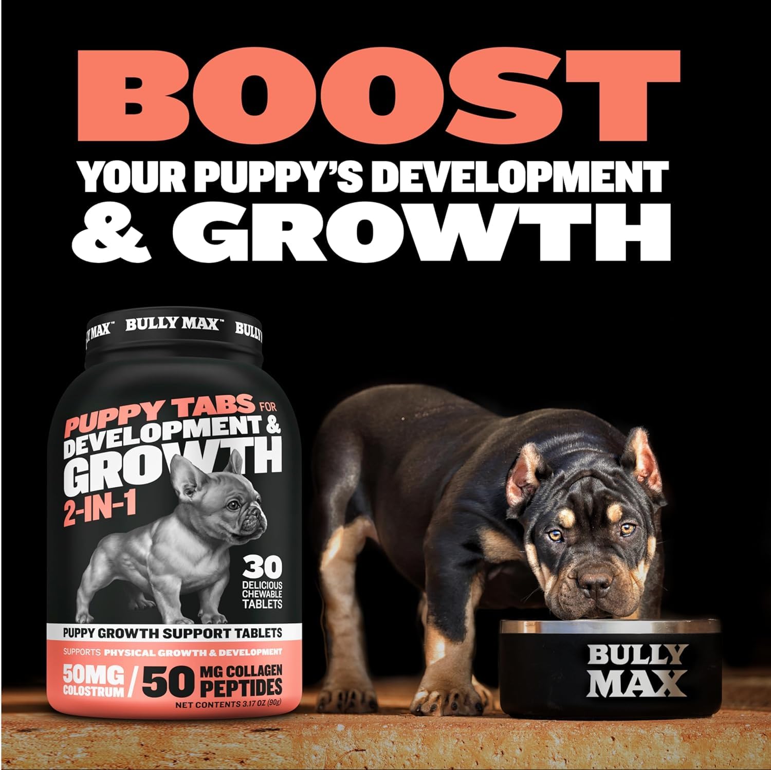 Bully Max 2-in-1 Puppy Vitamins - 30 Chewable Tablets for Growth & Development of Puppies - Multivitamin Treats & Essential Dog