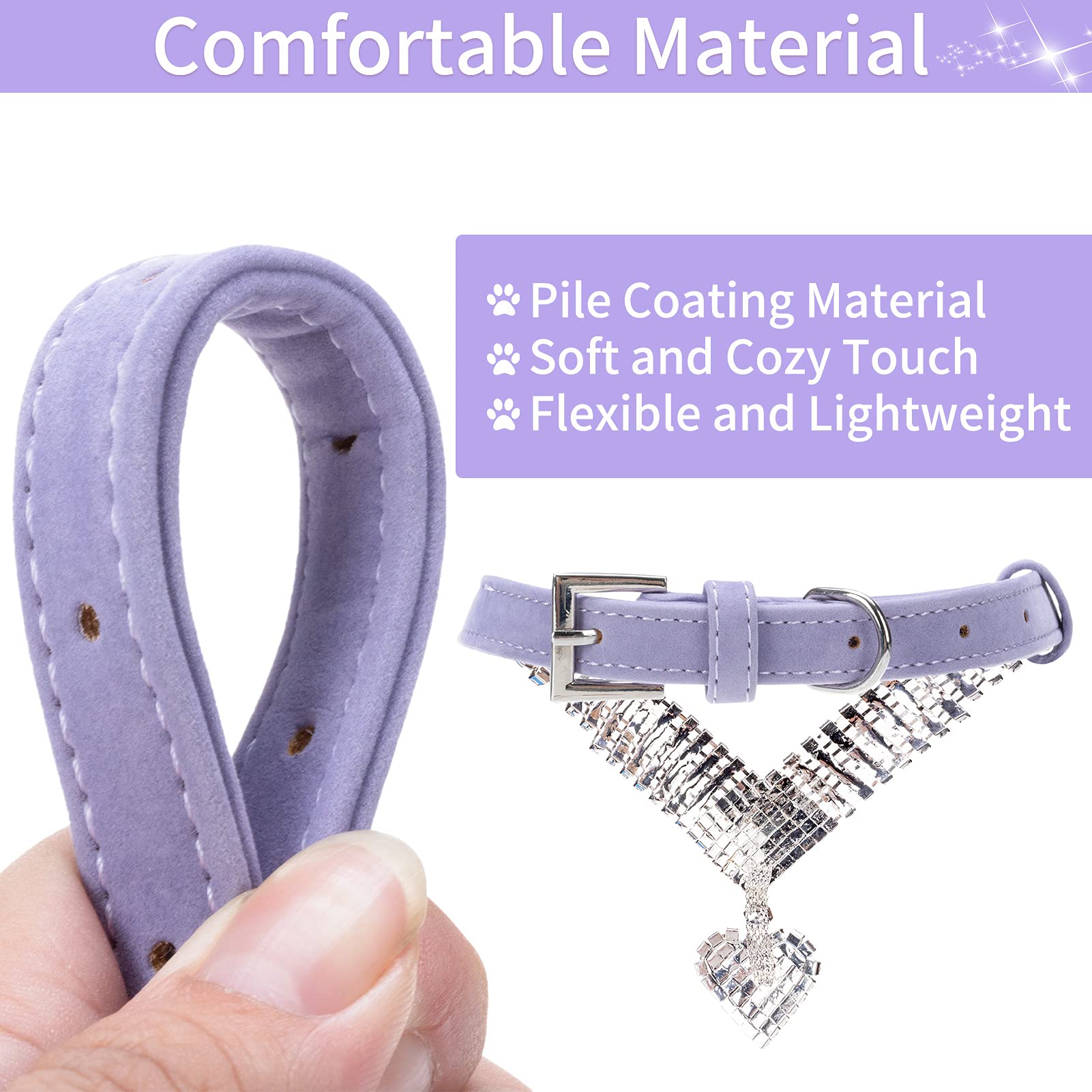 Expawlorer Cute Dog Necklace - Rhinestone Dog Collar, Soft Velvet Collar For Girl Boy Cats Dogs, Sparkling Pet Neck Decoration, Adjustable Pet Collar For Puppies Cats Small Medium Dogs, Purple M