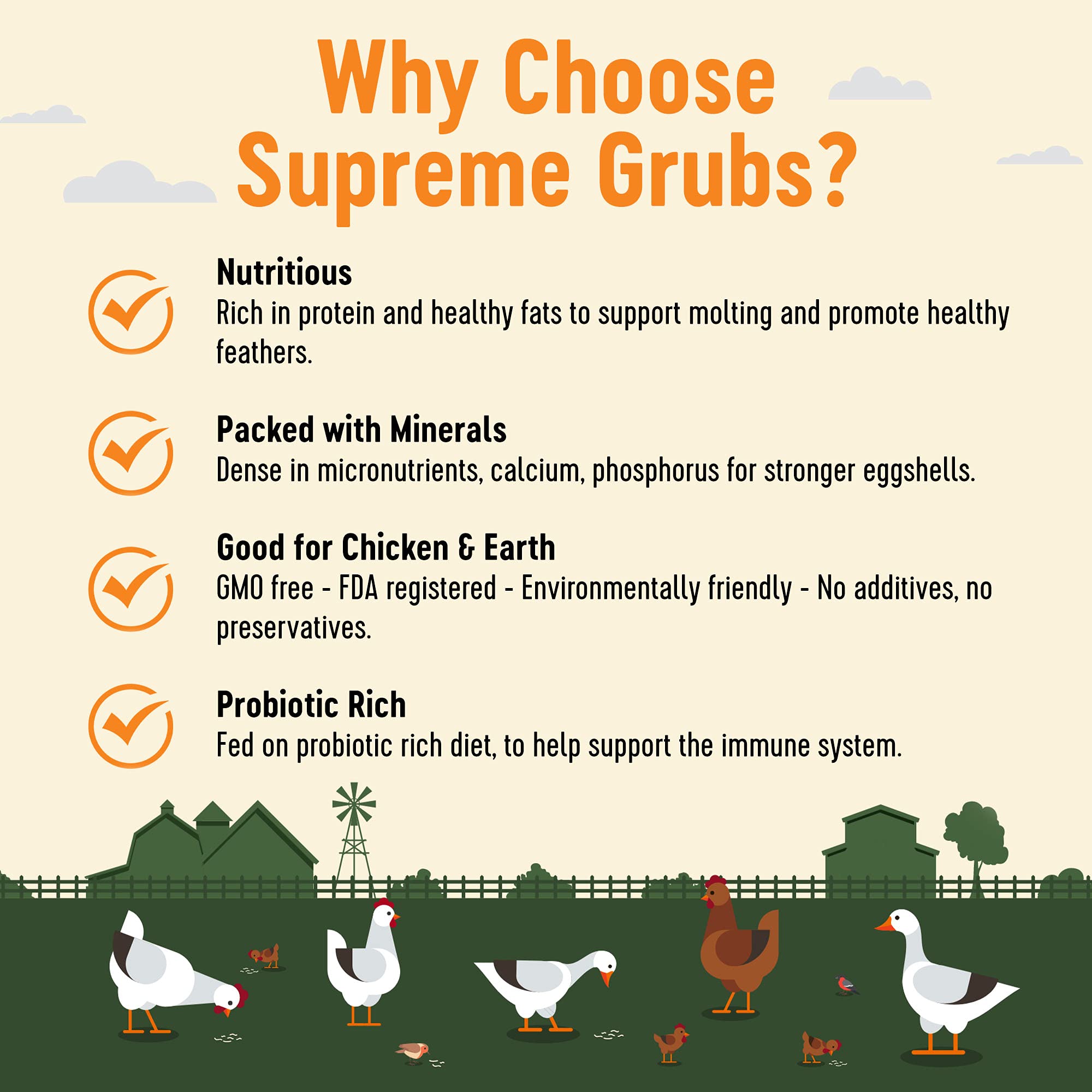 Supreme Grubs Natural Black Soldier Fly Larvae for Chickens, 85X More Calcium Than Mealworms-High Protein Grub Food Chicken Trea
