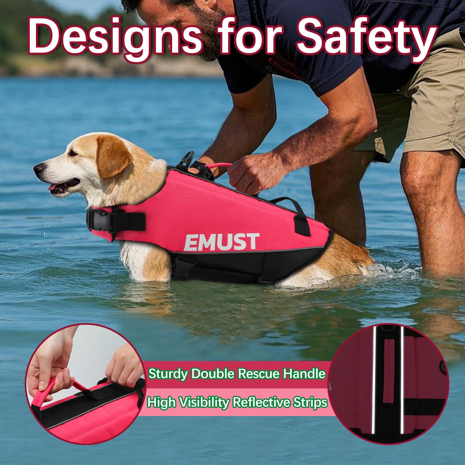 Emust Dog Life Jacket, Pet Life Vests For Swimming, Beach Boating With High Buoyancy, Dog Flotation Vest L, Rosepink